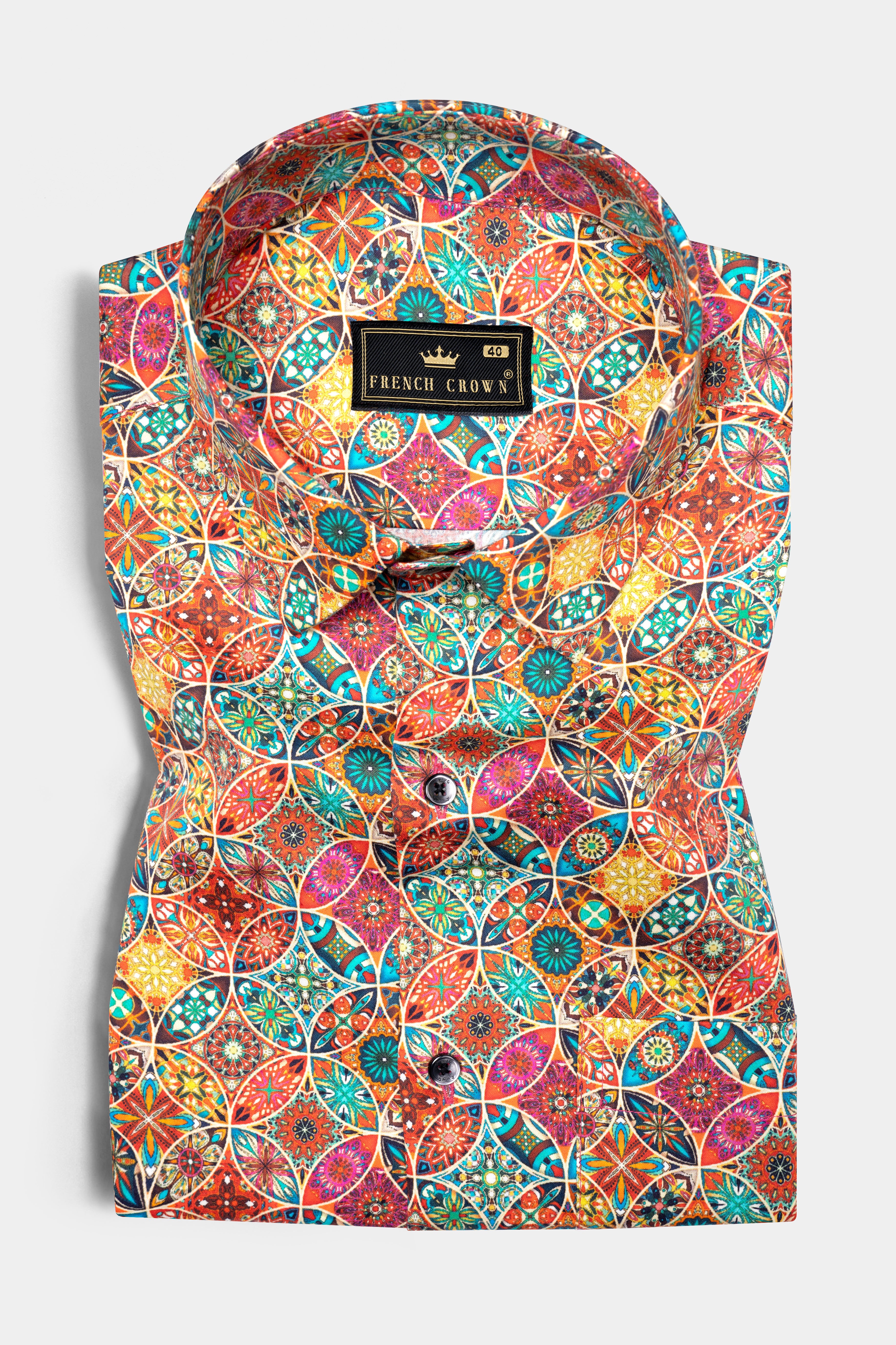 Coral Orange Multicolor Circles Printed Super Soft Premium Cotton Shirt
