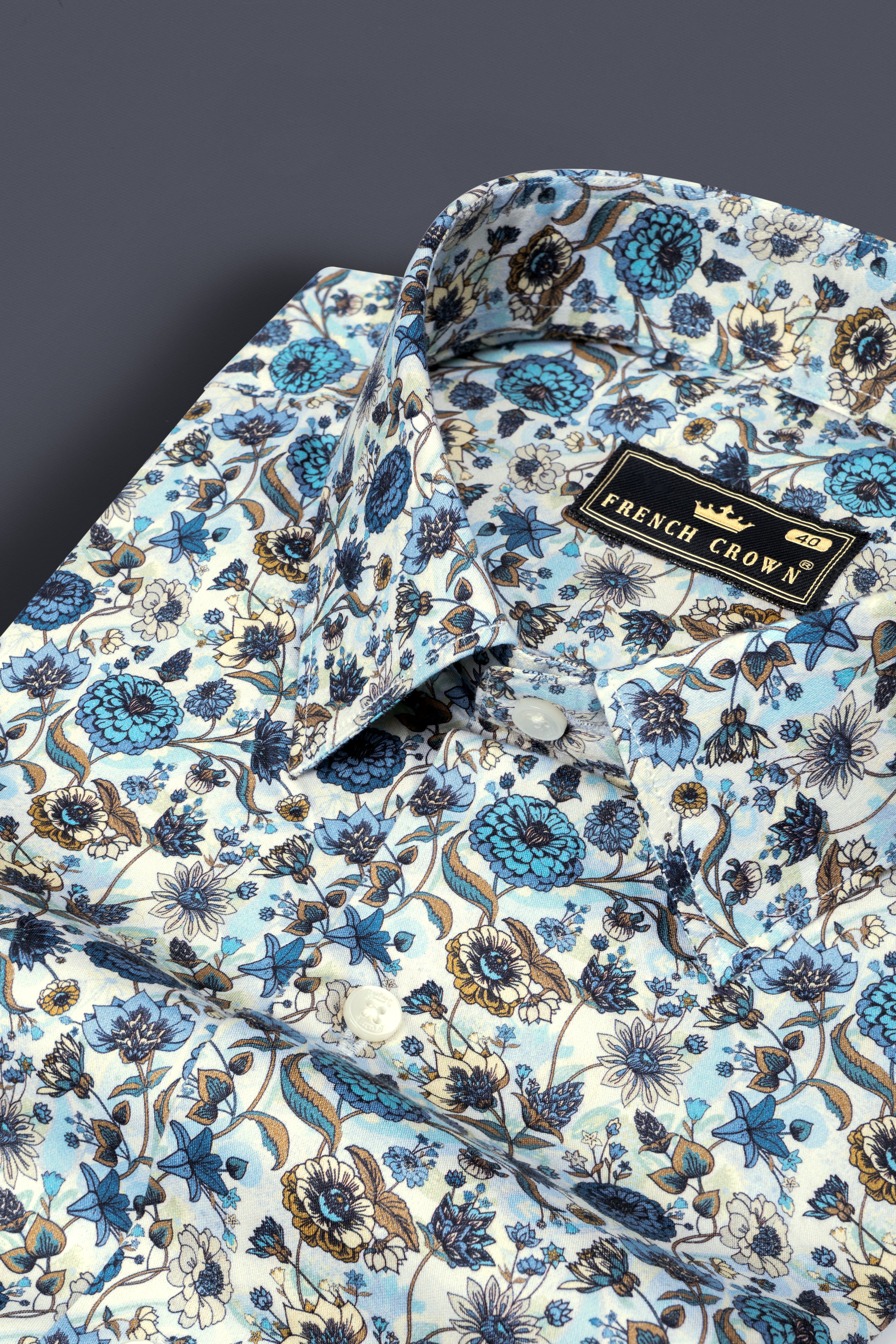 Swizzle Cream Blue Flowers Printed Super Soft Premium Cotton Shirt