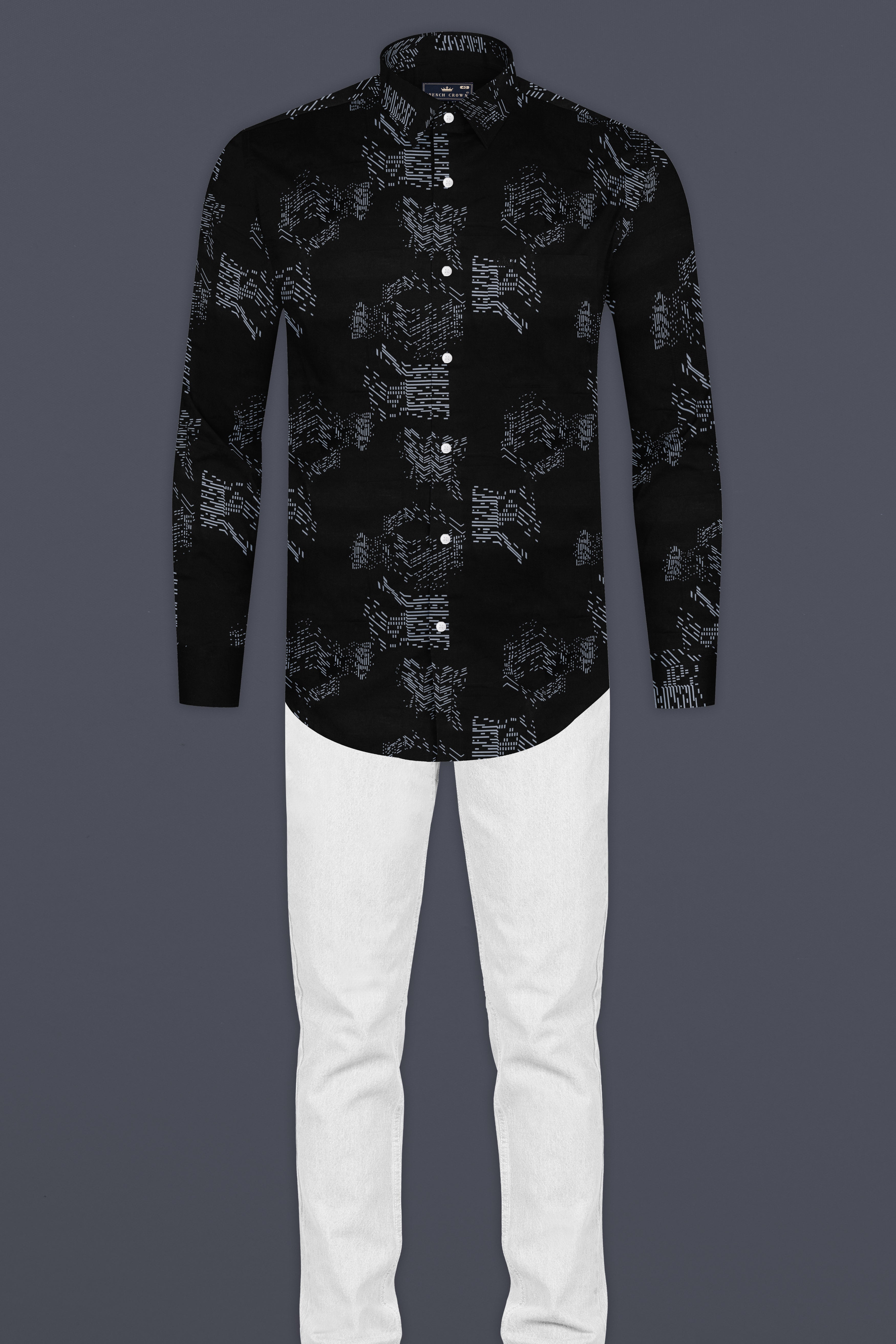 Jade Black with Cadet Gray printed Poplin Giza Cotton Shirt