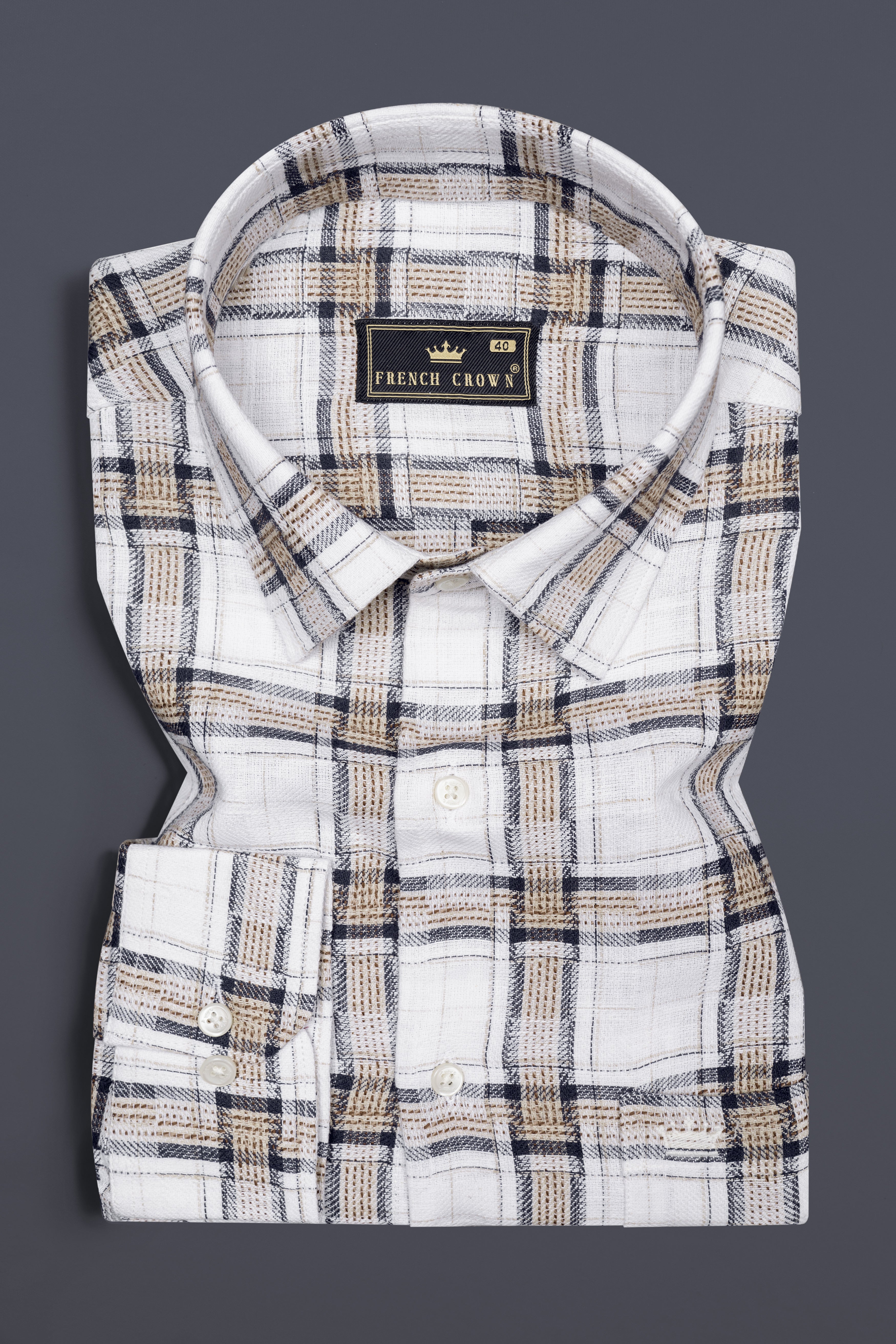 Bright White with Shadow Brown Plaid Dobby Shirt