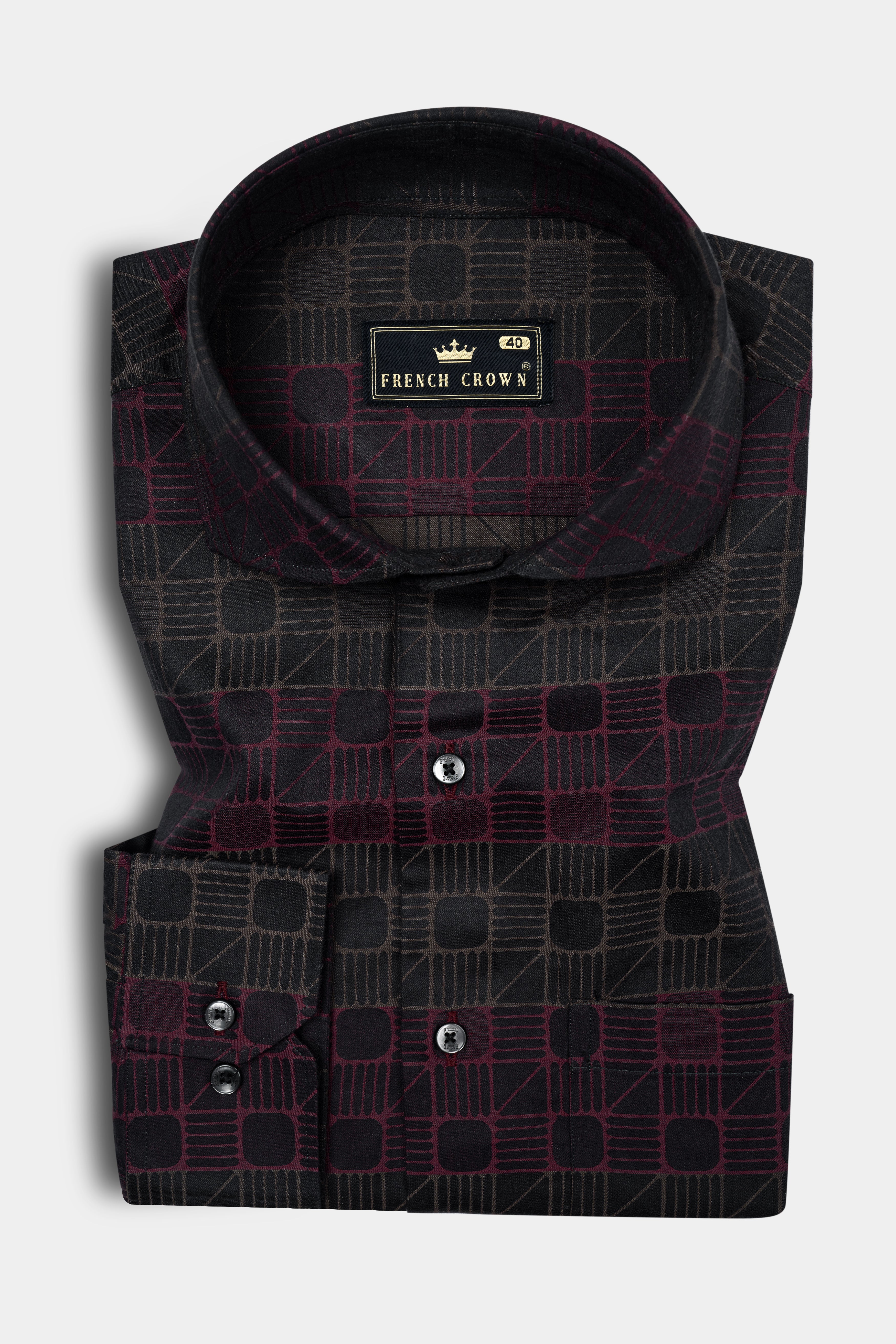 Piano Gray and Wine Berry Jacquard Textured Premium Cotton Shirt