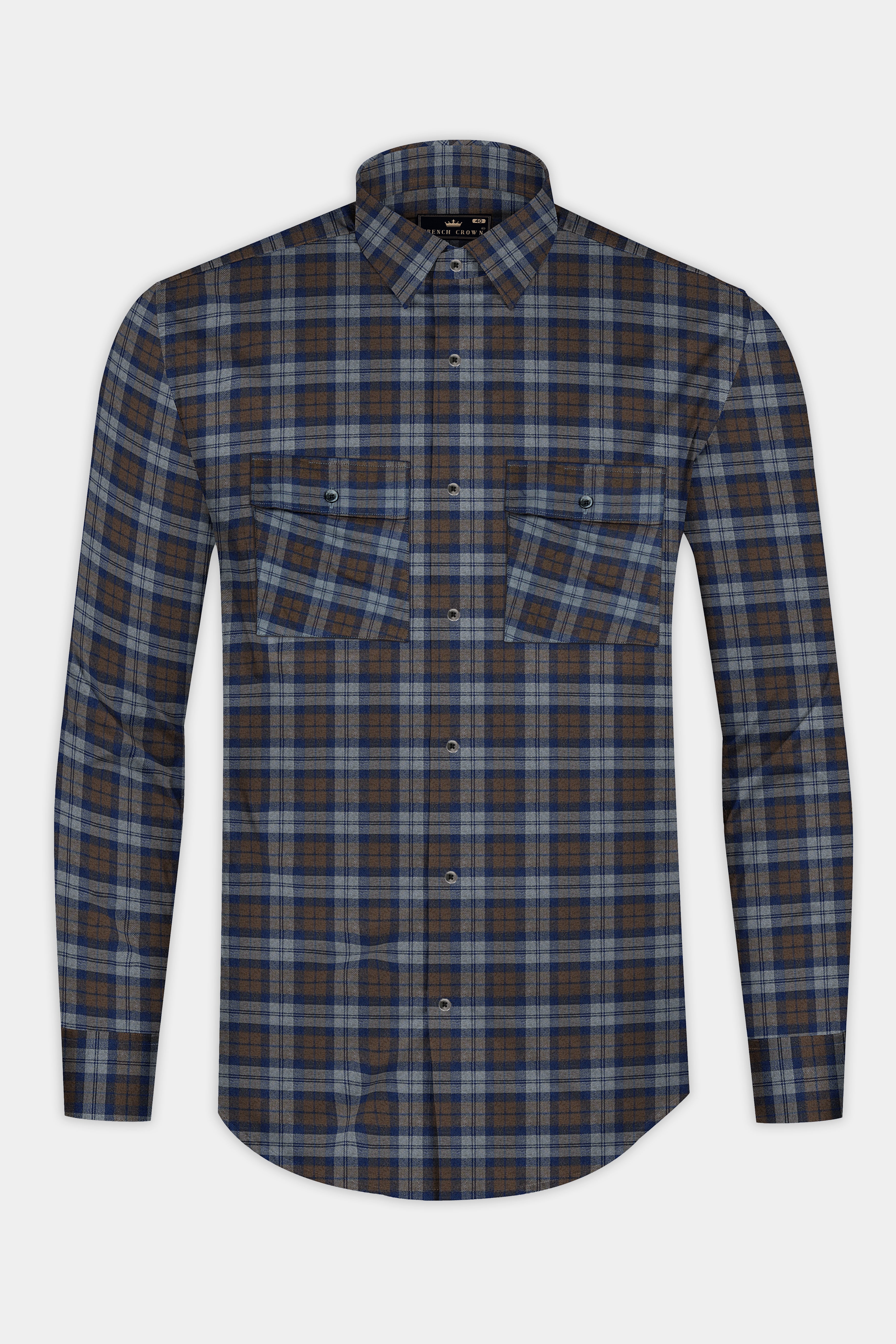 Iroko Brown With Firefly Plaid Twill Cotton Shirt