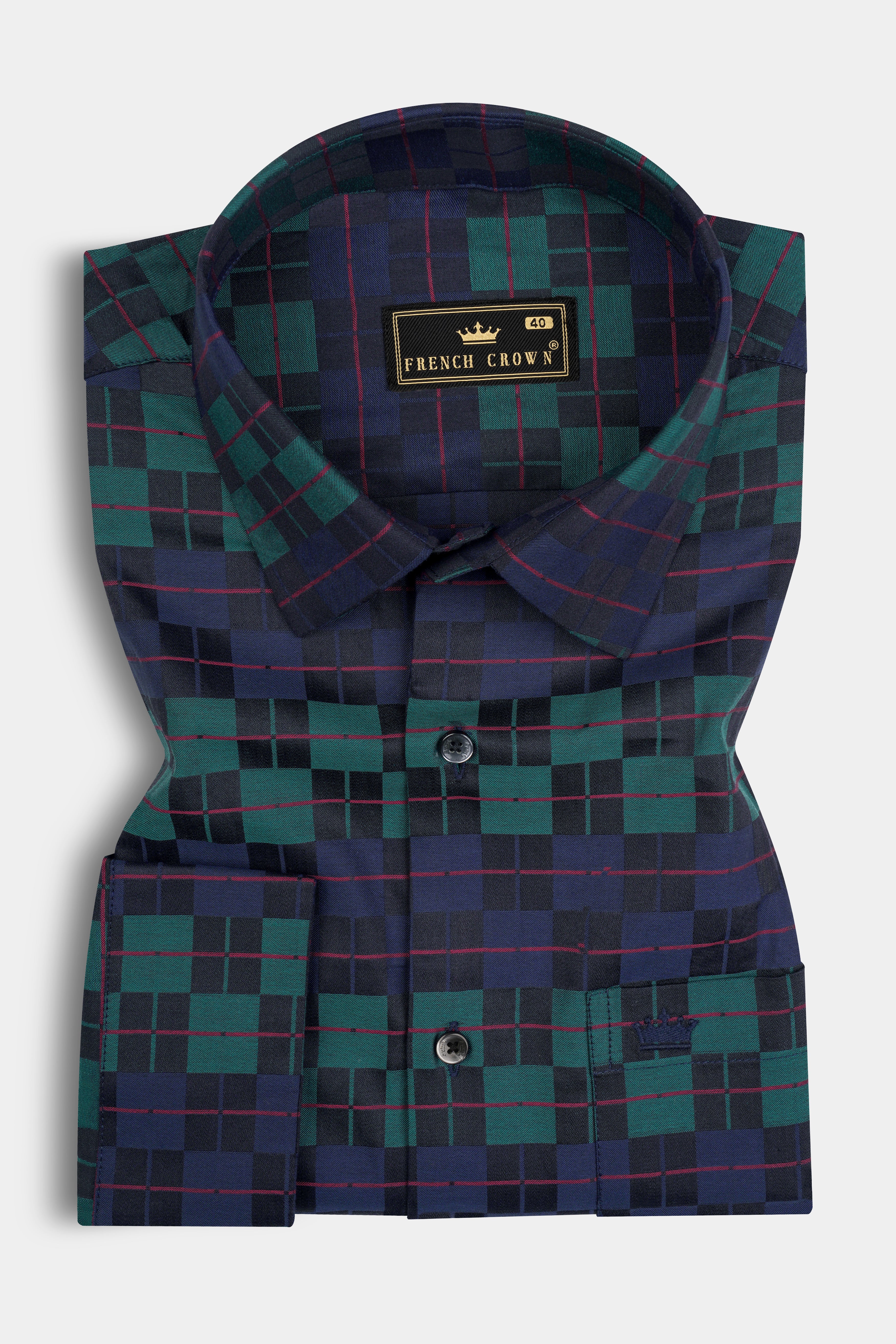 Ebony Blue and Plantation Green Plaid Jacquard Textured Premium Cotton Shirt