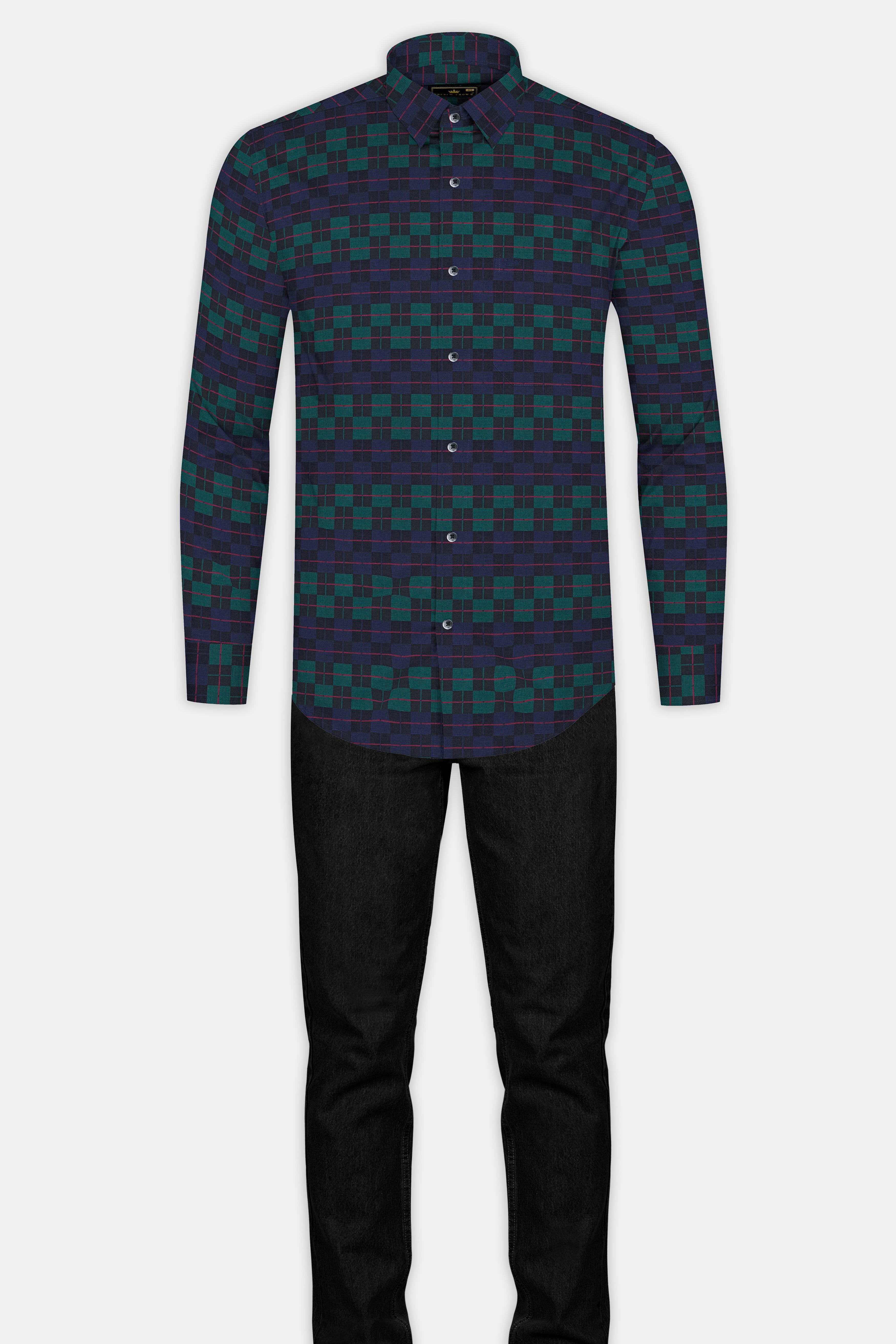 Ebony Blue and Plantation Green Plaid Jacquard Textured Premium Cotton Shirt