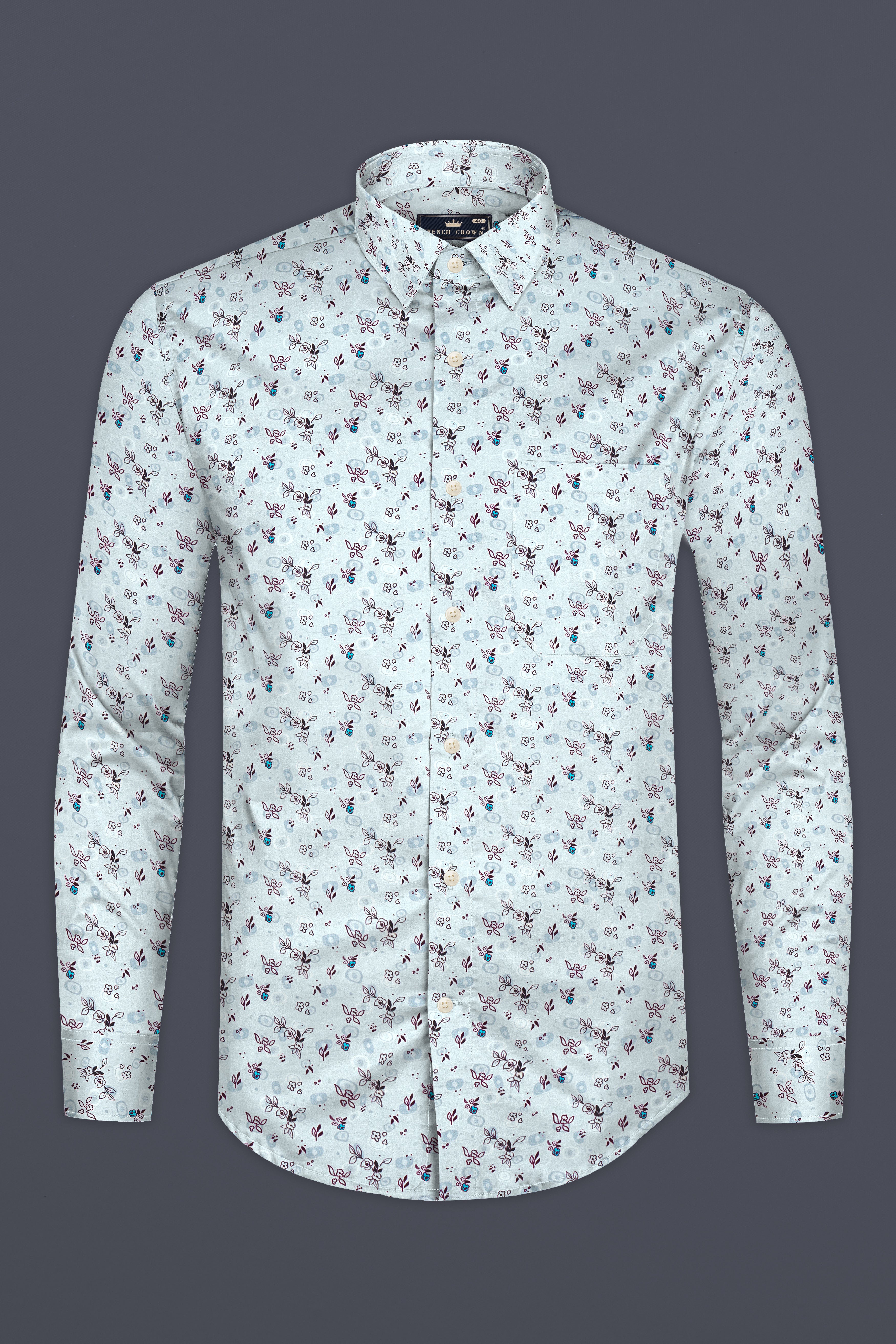 Periwinkle Blue with Melanzane Maroon Flower Printed Super Soft Premium Cotton Shirt 12758-38, 12758-H-38, 12758-39, 12758-H-39, 12758-40, 12758-H-40, 12758-42, 12758-H-42, 12758-44, 12758-H-44, 12758-46, 12758-H-46, 12758-48, 12758-H-48, 12758-50, 12758-H-50, 12758-52, 12758-H-52