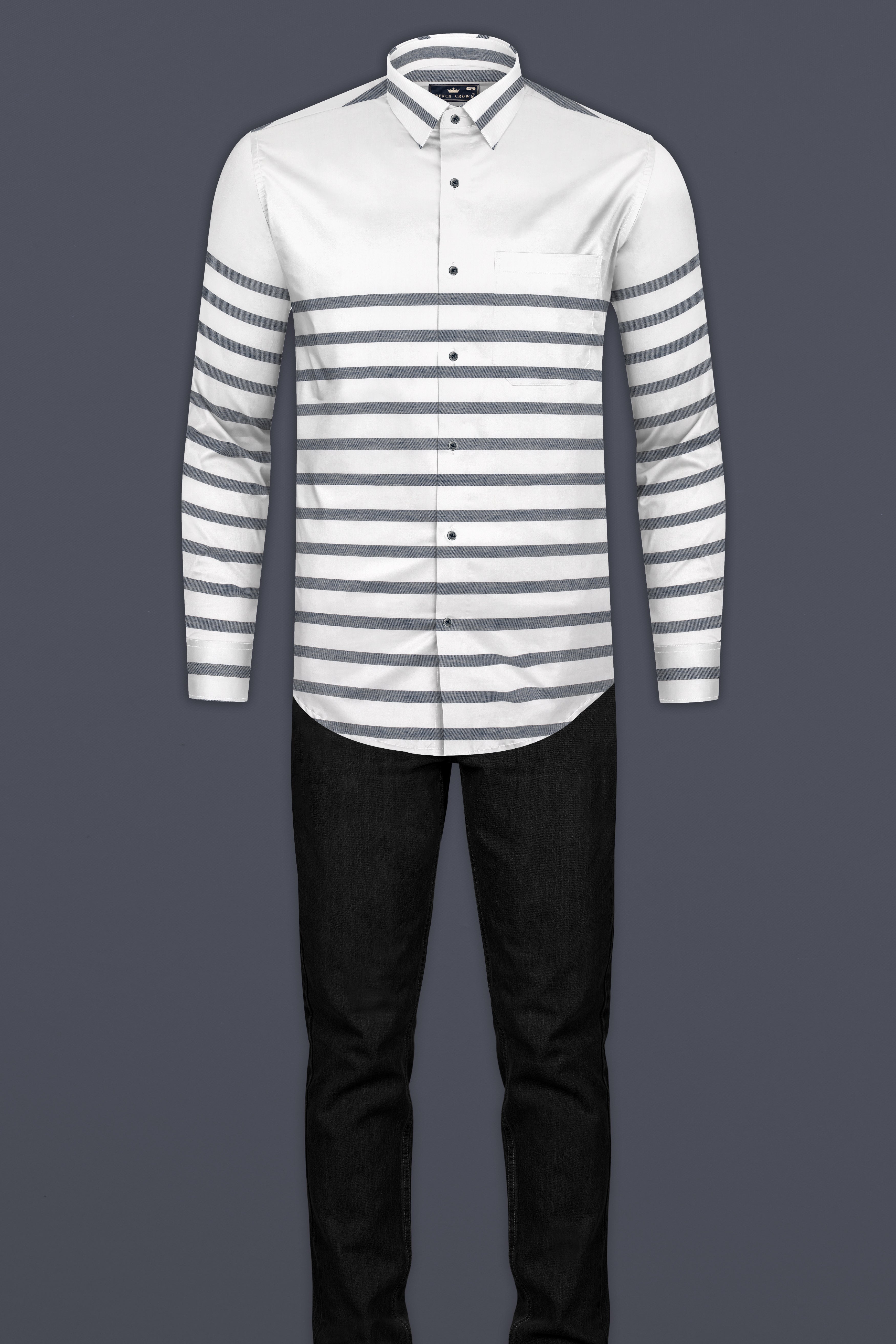 Bright White with Gravel Gray Horizontal Striped Twill Cotton Shirt 12759-BLK-38, 12759-BLK-H-38, 12759-BLK-39, 12759-BLK-H-39, 12759-BLK-40, 12759-BLK-H-40, 12759-BLK-42, 12759-BLK-H-42, 12759-BLK-44, 12759-BLK-H-44, 12759-BLK-46, 12759-BLK-H-46, 12759-BLK-48, 12759-BLK-H-48, 12759-BLK-50, 12759-BLK-H-50, 12759-BLK-52, 12759-BLK-H-52