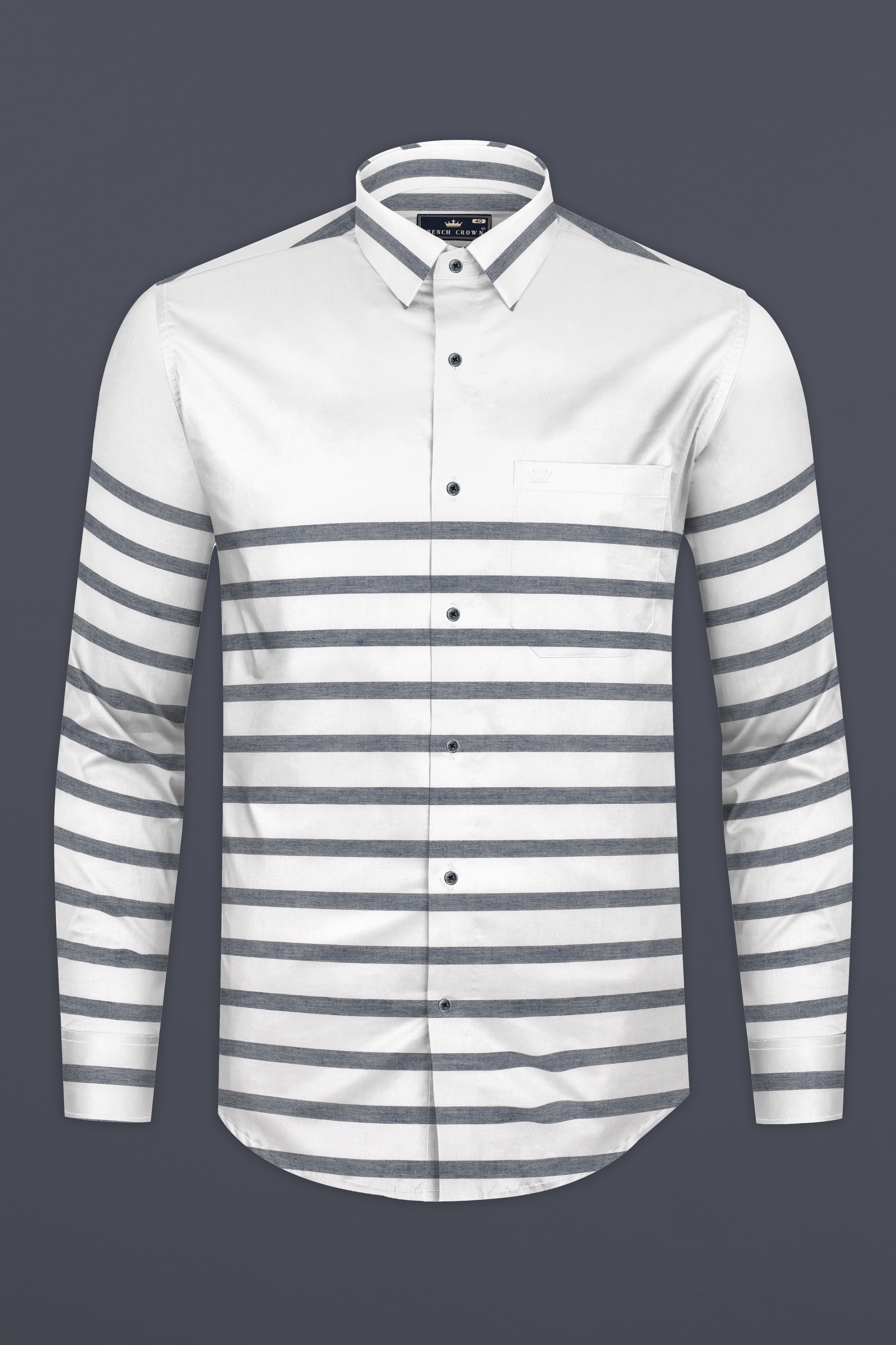 Bright White with Gravel Gray Horizontal Striped Twill Cotton Shirt