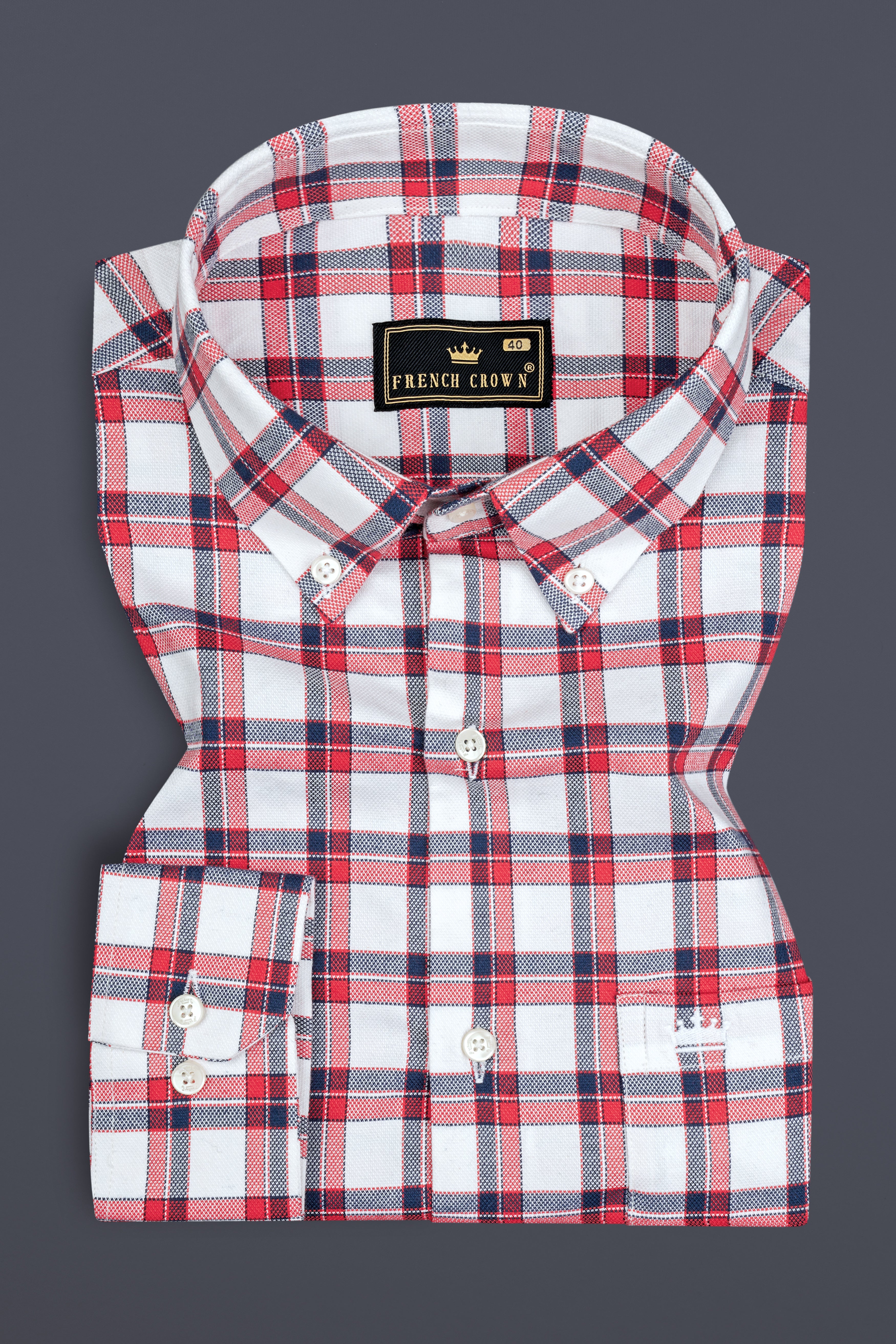 Bright White with Alizarin Red Plaid Dobby Textured Premium Cotton Shirt