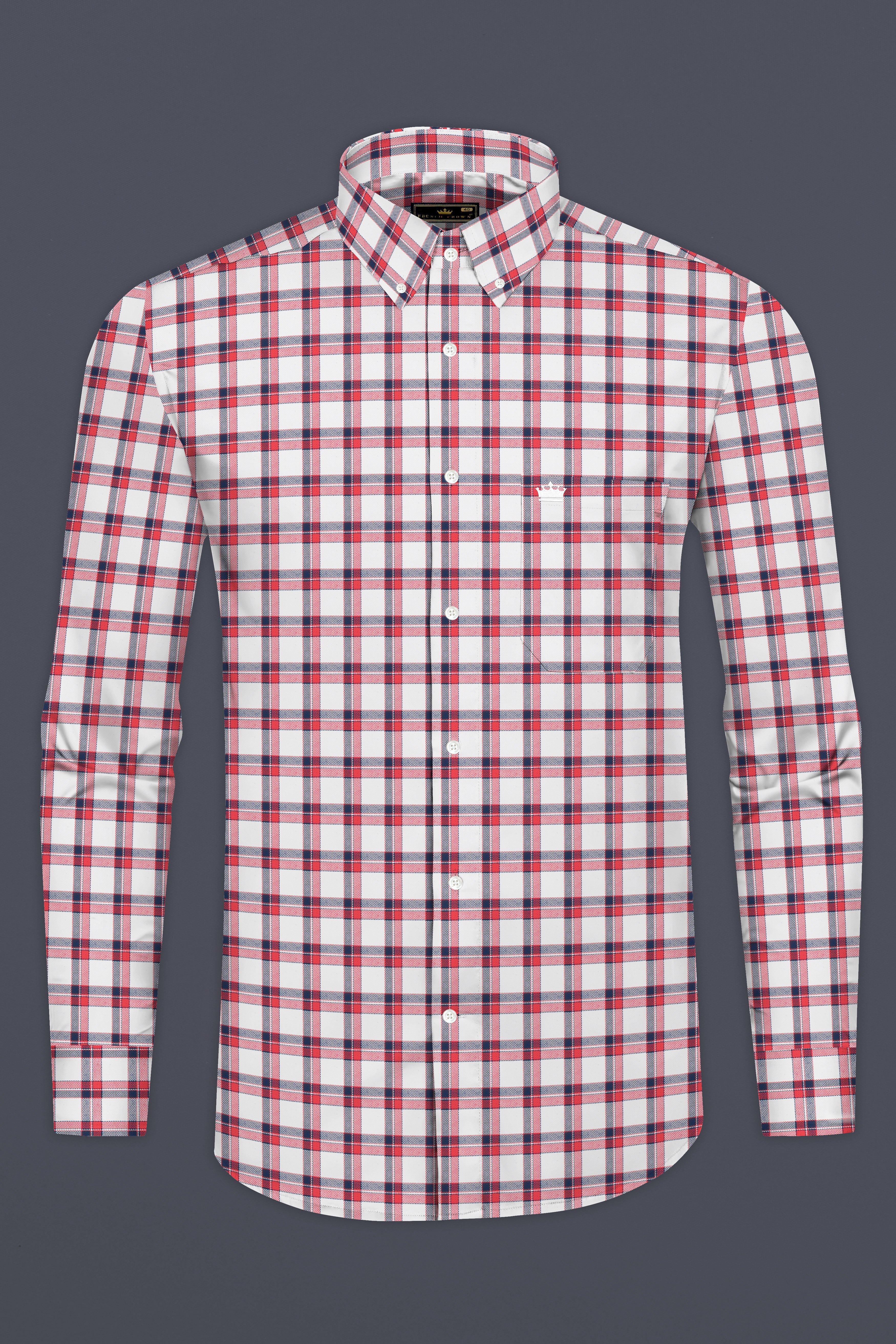 Bright White with Alizarin Red Plaid Dobby Textured Premium Cotton Shirt