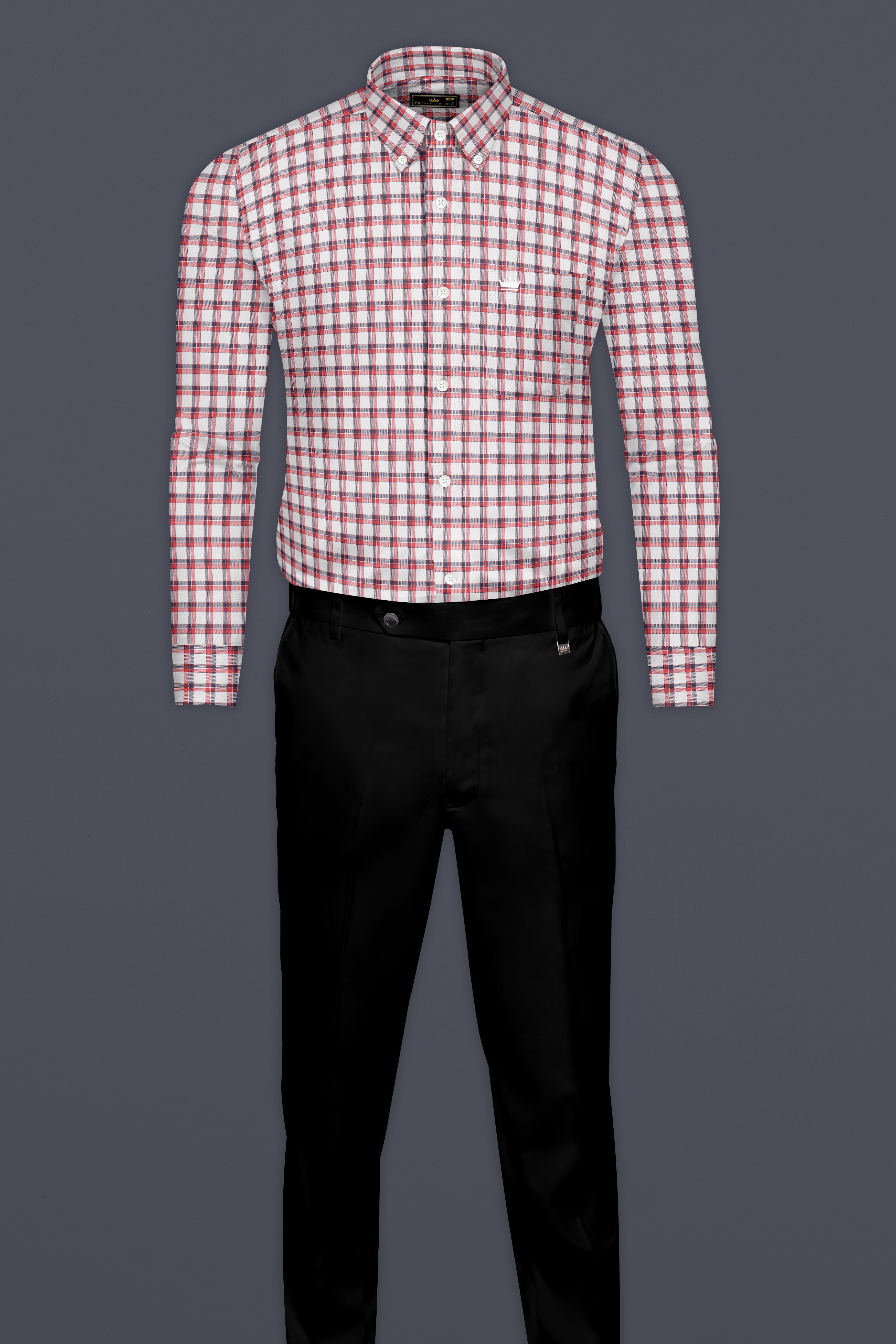 Bright White with Alizarin Red Plaid Dobby Textured Premium Cotton Shirt