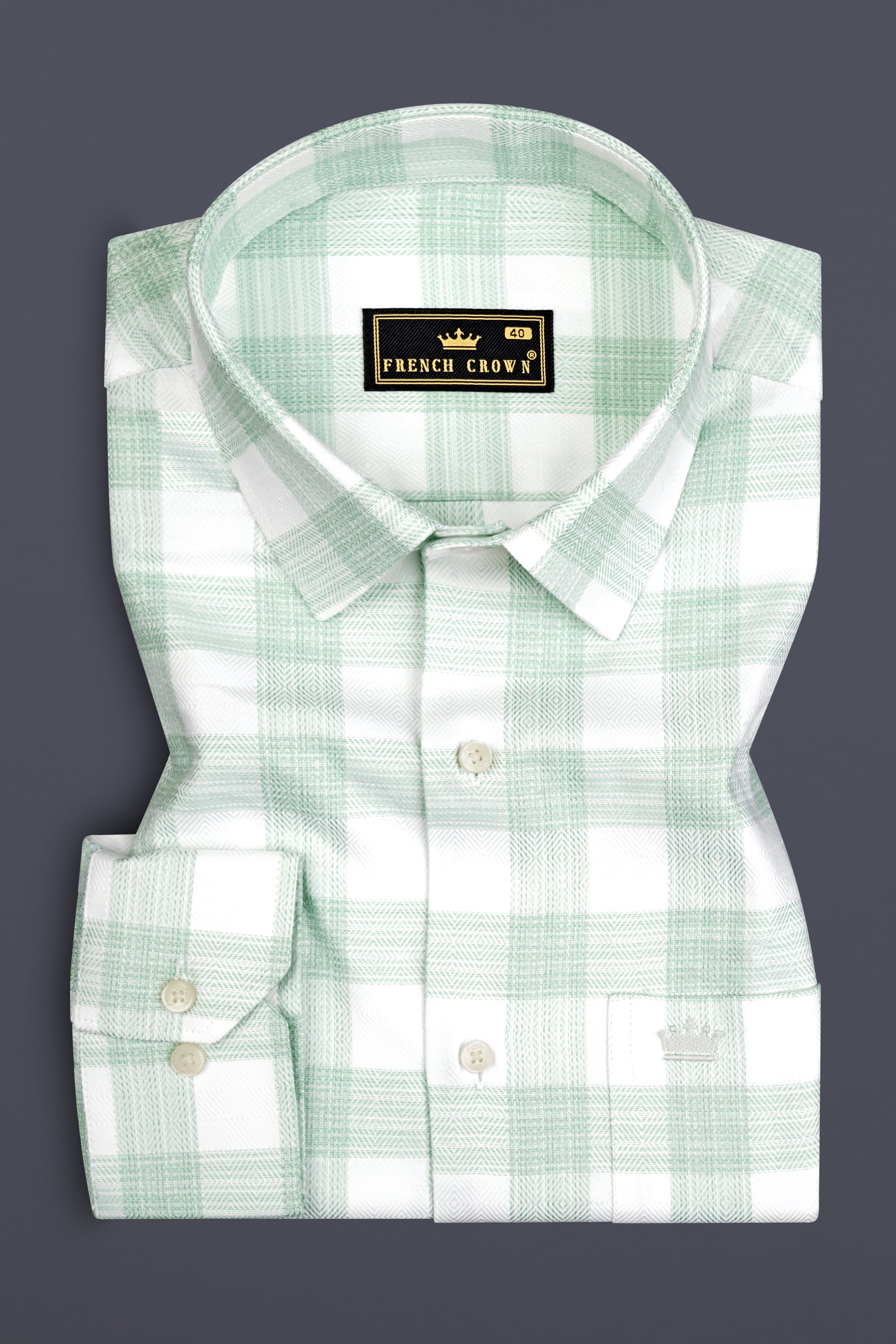 Bright White with Surf Green Plaid Dobby Cotton Shirt 12766-38, 12766-H-38, 12766-39, 12766-H-39, 12766-40, 12766-H-40, 12766-42, 12766-H-42, 12766-44, 12766-H-44, 12766-46, 12766-H-46, 12766-48, 12766-H-48, 12766-50, 12766-H-50, 12766-52, 12766-H-52