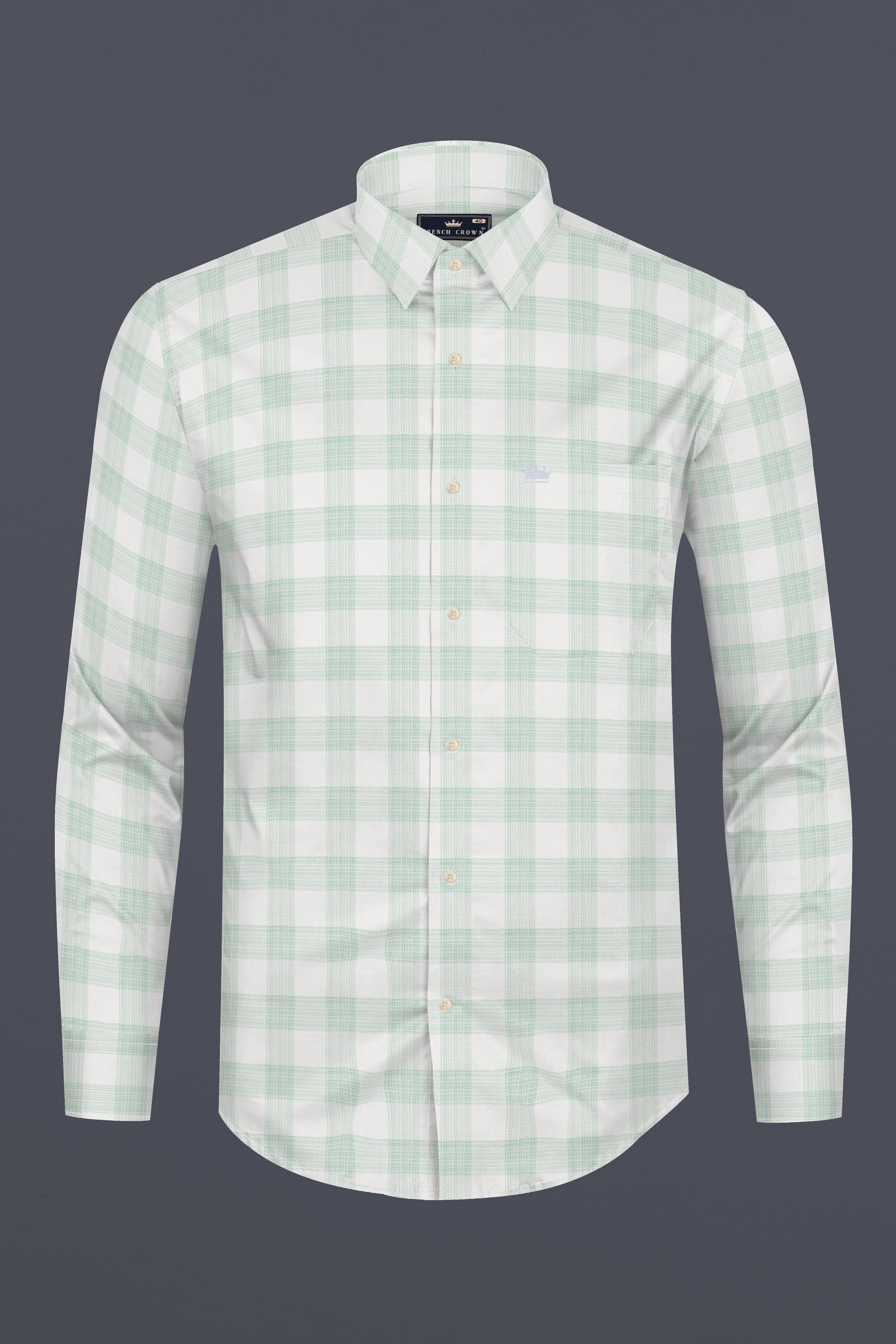 Bright White with Surf Green Plaid Dobby Cotton Shirt 12766-38, 12766-H-38, 12766-39, 12766-H-39, 12766-40, 12766-H-40, 12766-42, 12766-H-42, 12766-44, 12766-H-44, 12766-46, 12766-H-46, 12766-48, 12766-H-48, 12766-50, 12766-H-50, 12766-52, 12766-H-52