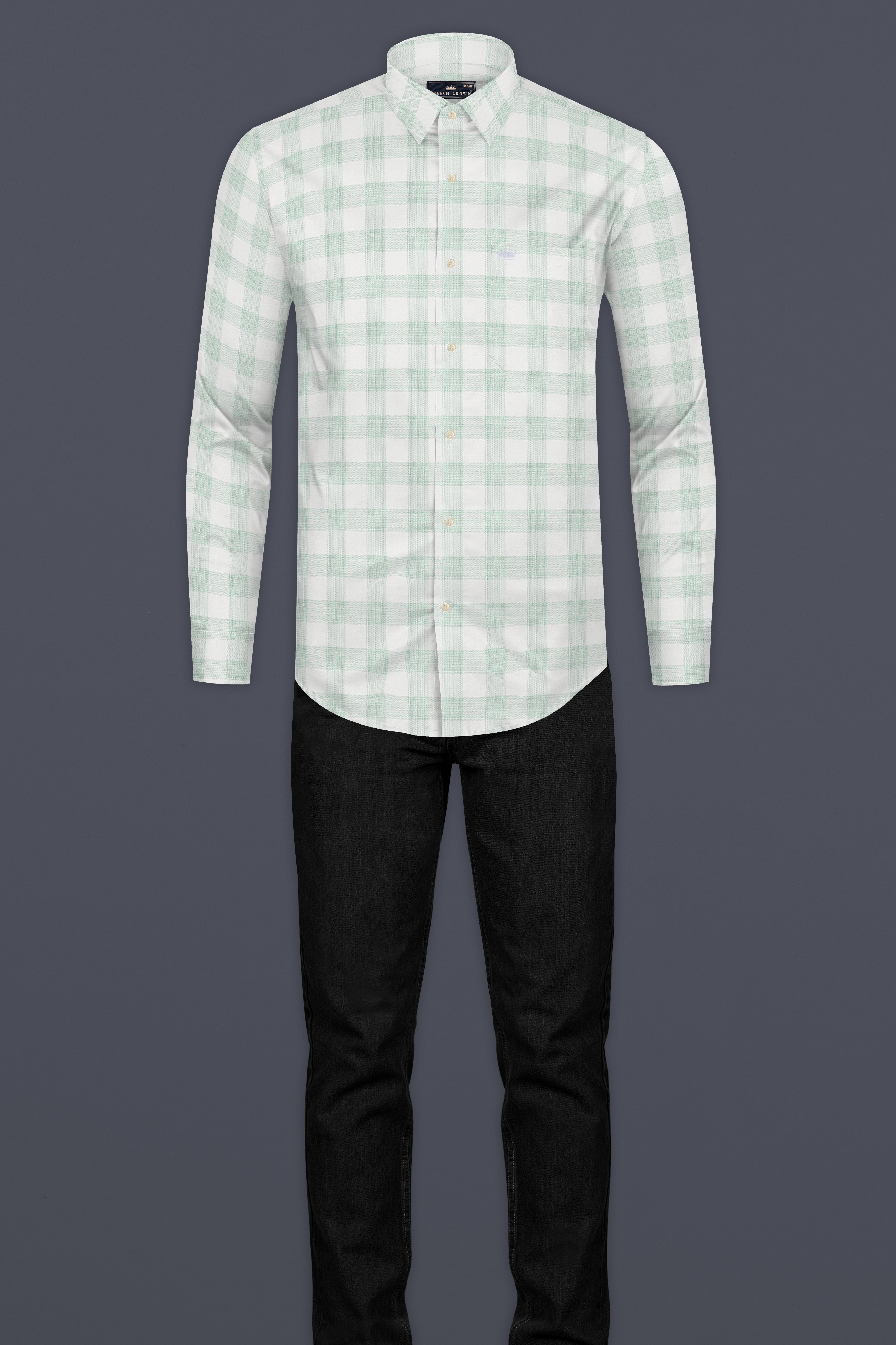 Bright White with Surf Green Plaid Dobby Cotton Shirt 12766-38, 12766-H-38, 12766-39, 12766-H-39, 12766-40, 12766-H-40, 12766-42, 12766-H-42, 12766-44, 12766-H-44, 12766-46, 12766-H-46, 12766-48, 12766-H-48, 12766-50, 12766-H-50, 12766-52, 12766-H-52