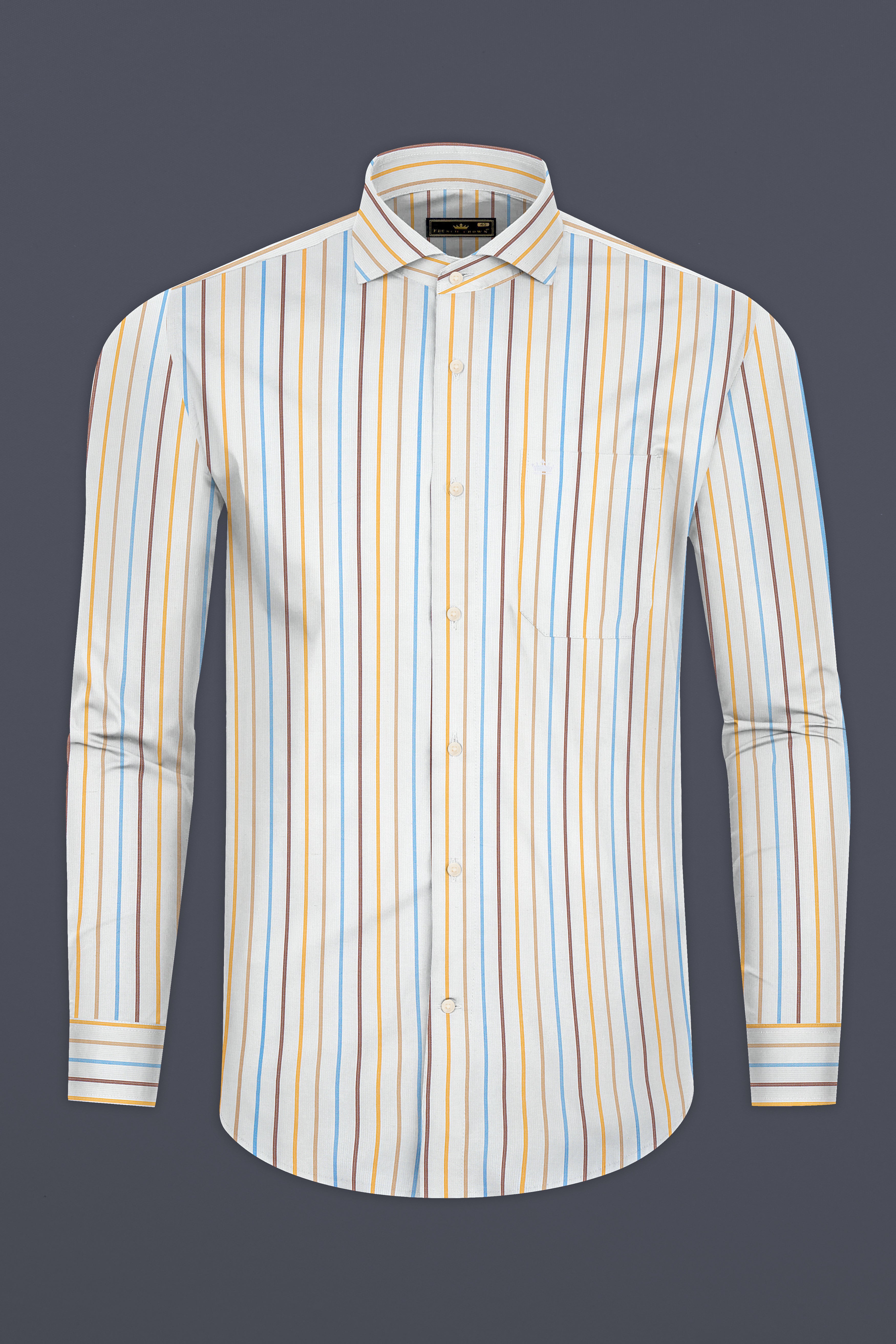 Bright White with Sail blue And Sisal Brown Striped Premium Cotton Shirt