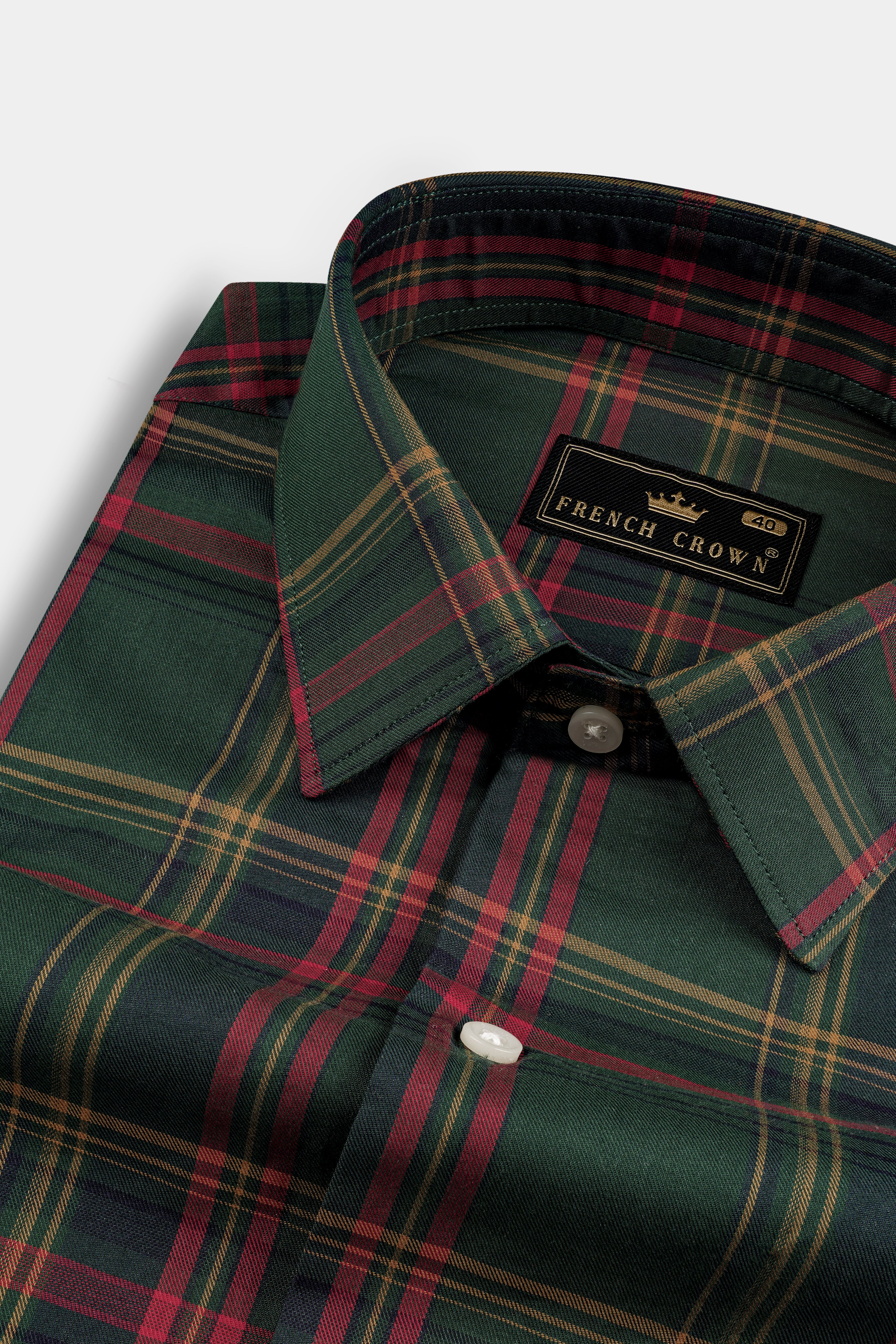 Mineral Green With Lotus Red Plaid Twill Cotton Shirt
