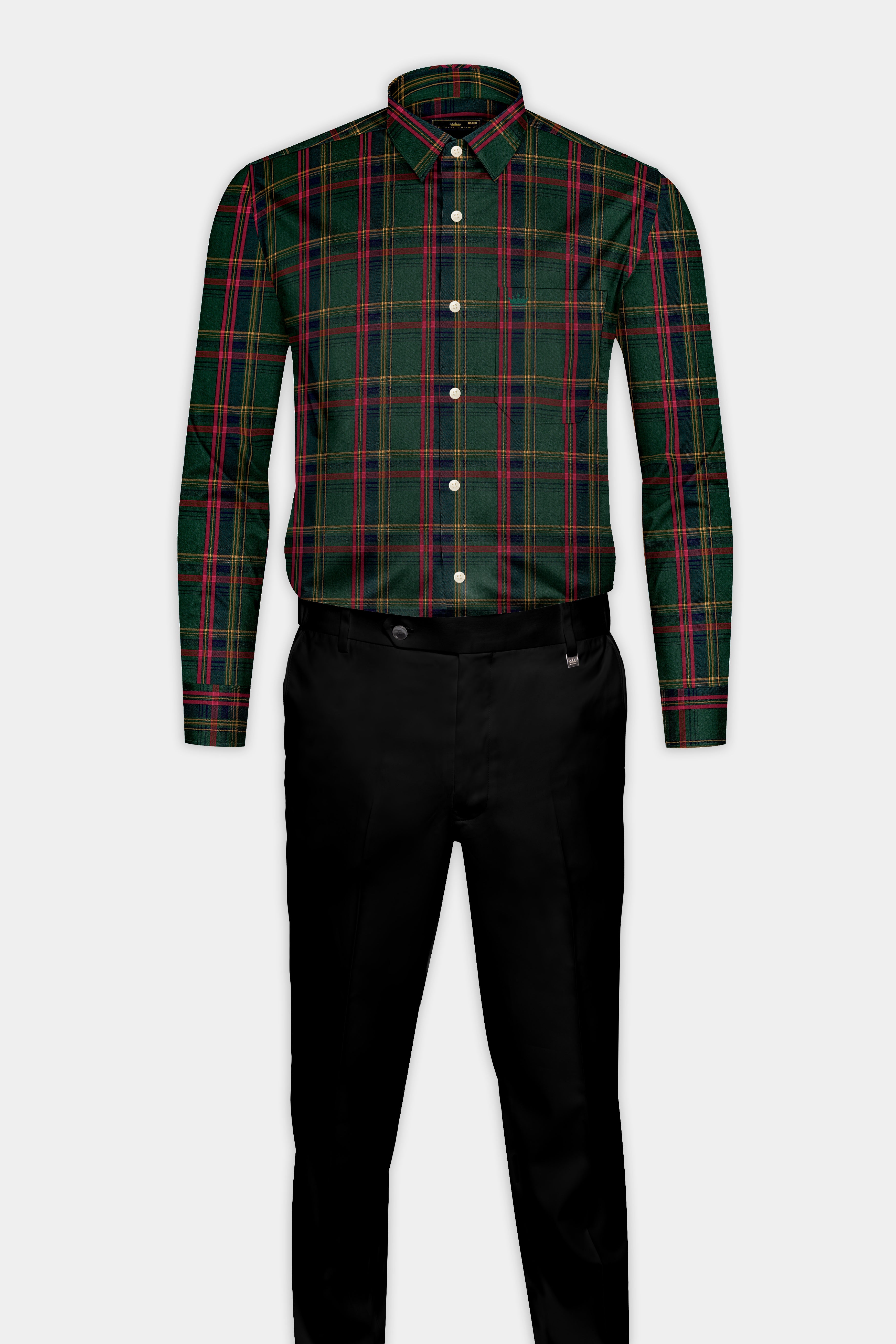 Mineral Green With Lotus Red Plaid Twill Cotton Shirt