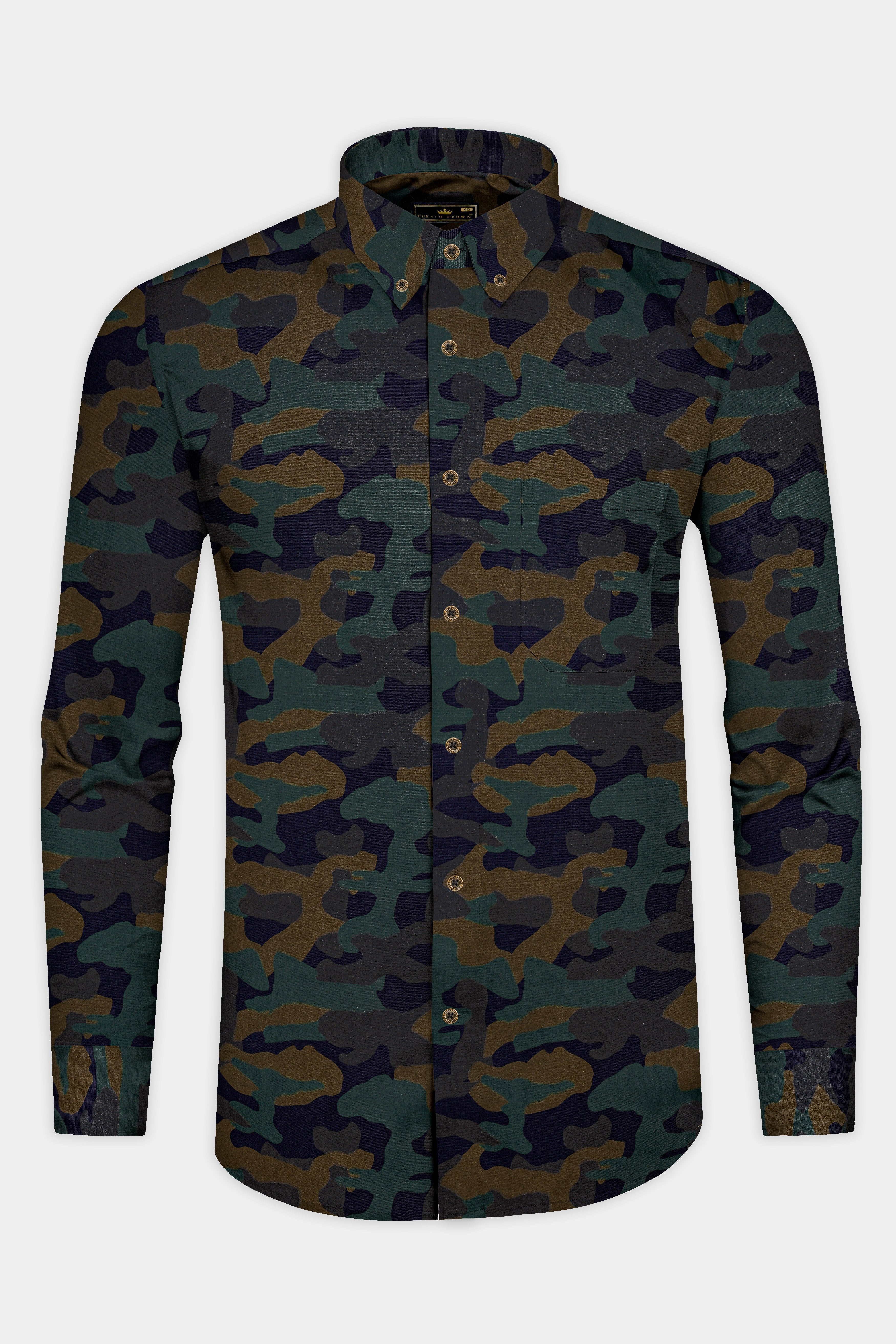 Vulcan Blue With Iridium Green Camouflage Printed Royal Oxford Shirt