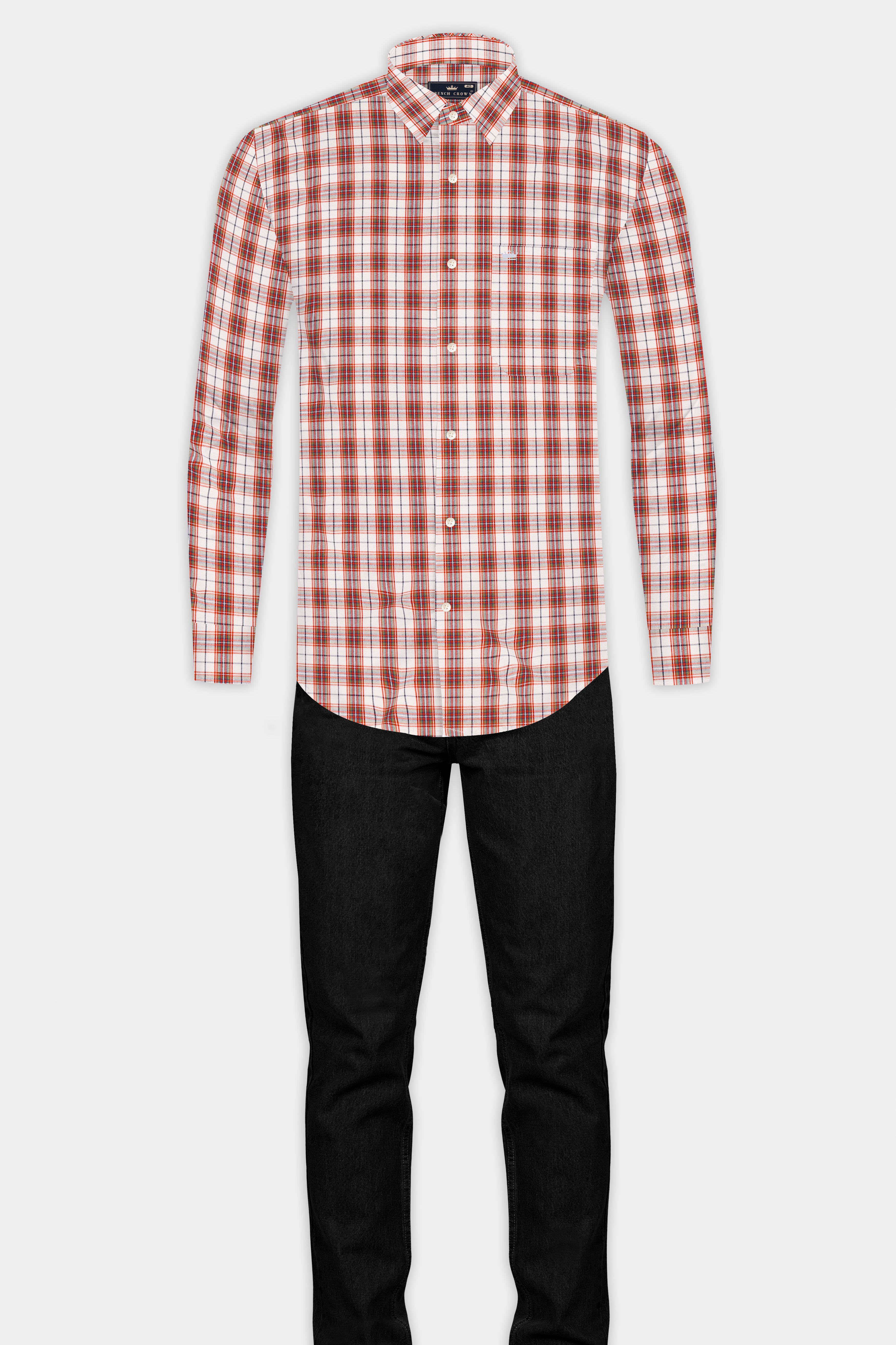 Crail Orange With Bright White Checkered Poplin Giza Cotton Shirt