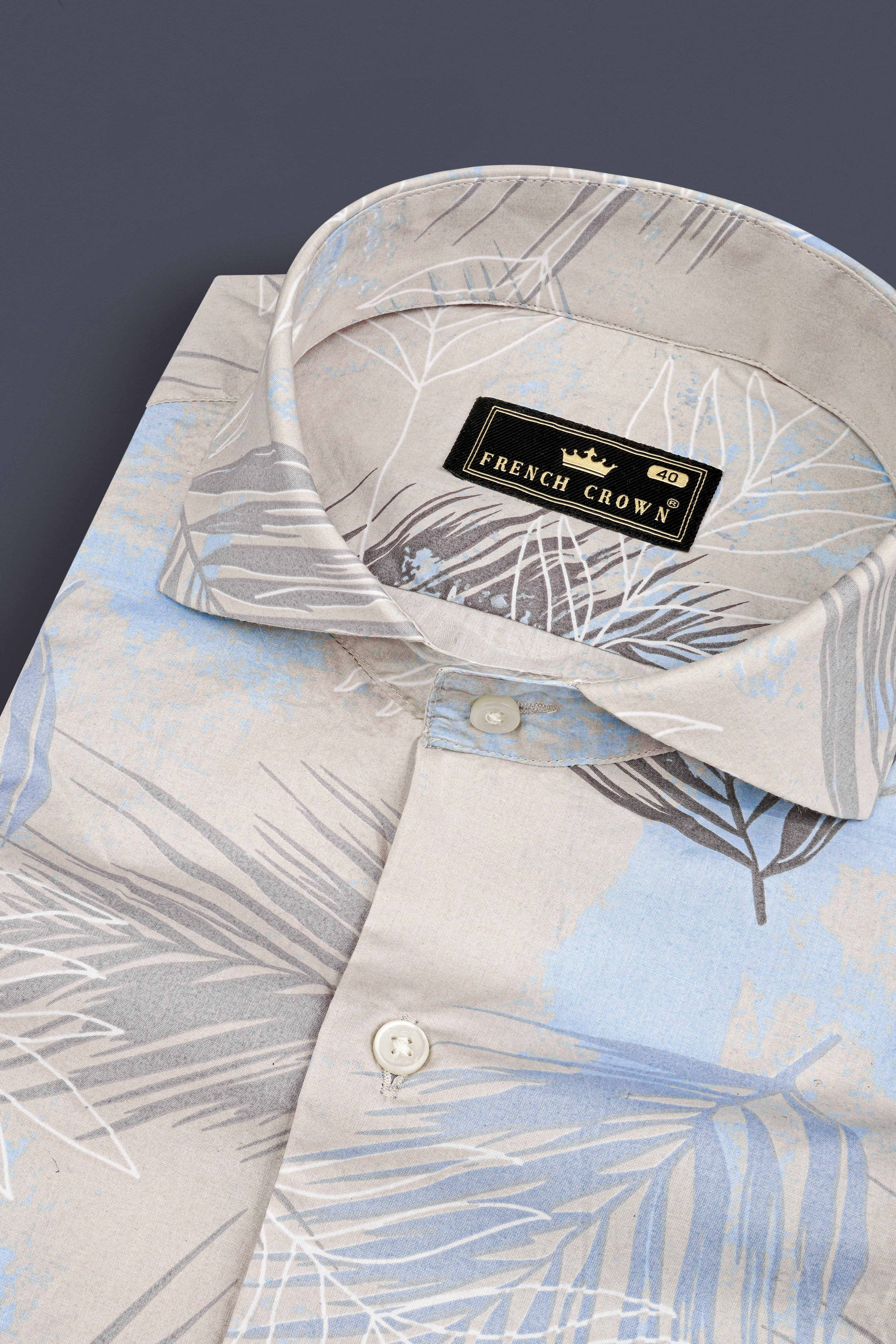 Cloud Cream With Botticelli Blue Tropical Printed Premium Giza Cotton Shirt