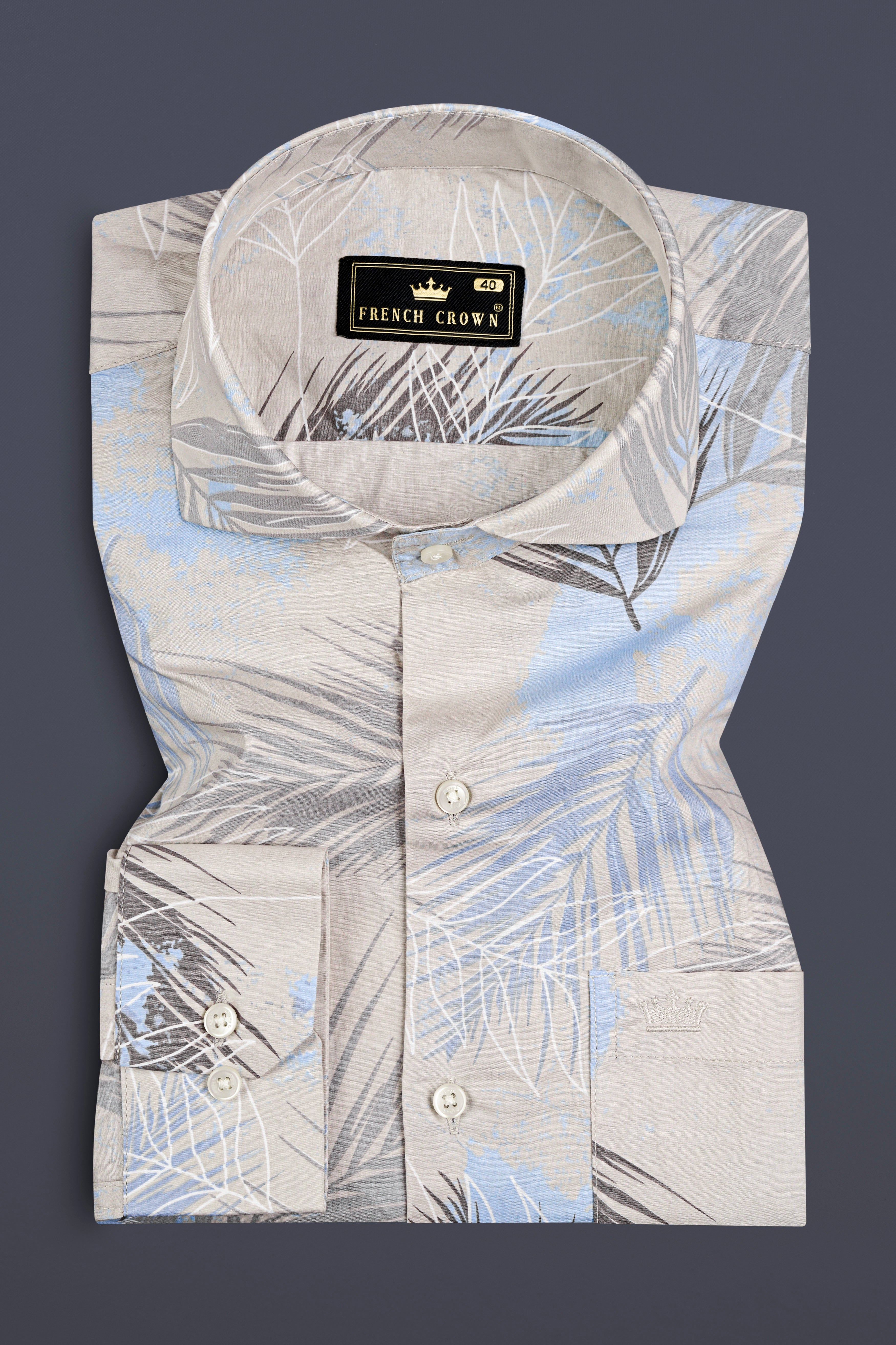 Cloud Cream With Botticelli Blue Tropical Printed Premium Giza Cotton Shirt