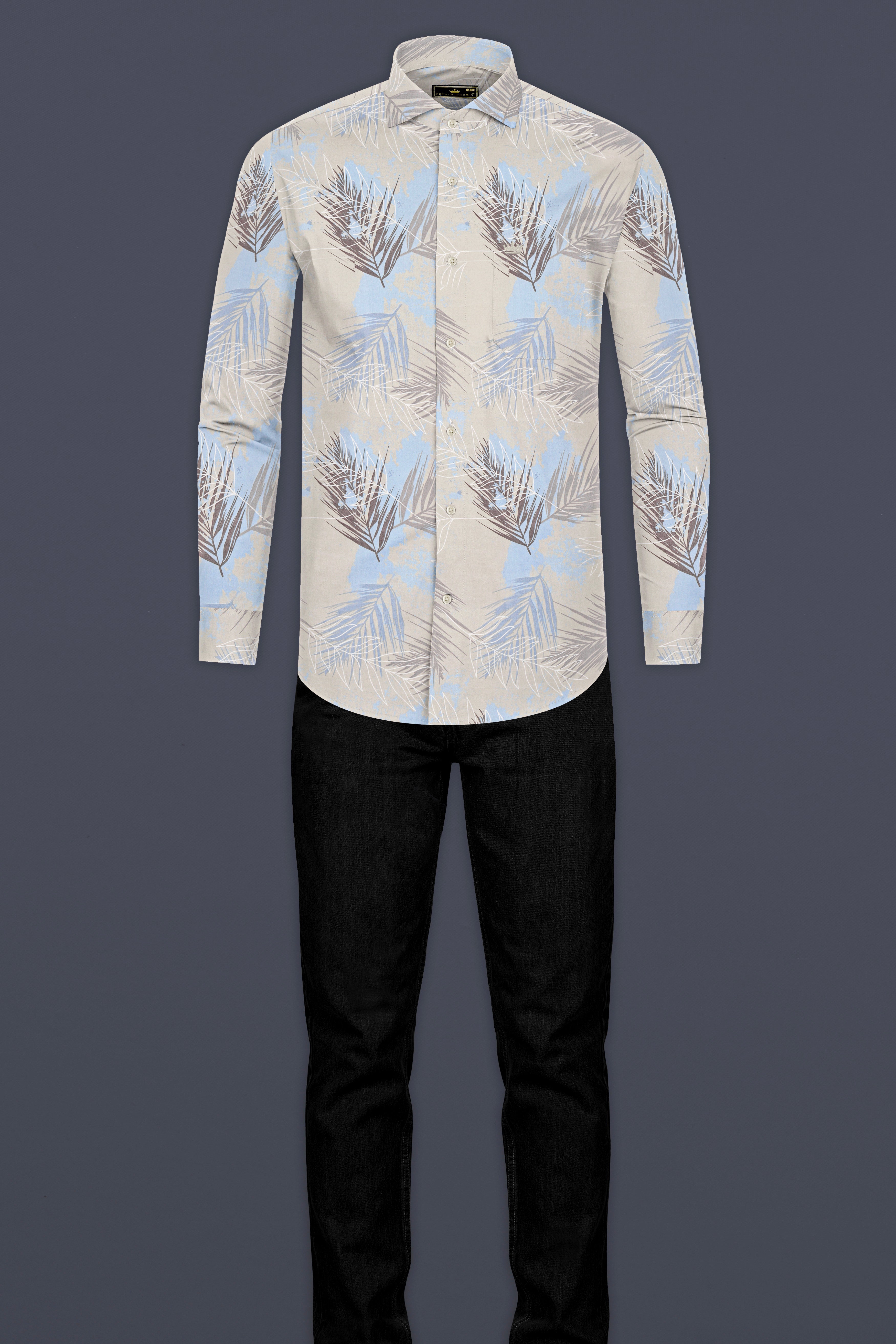 Cloud Cream With Botticelli Blue Tropical Printed Premium Giza Cotton Shirt