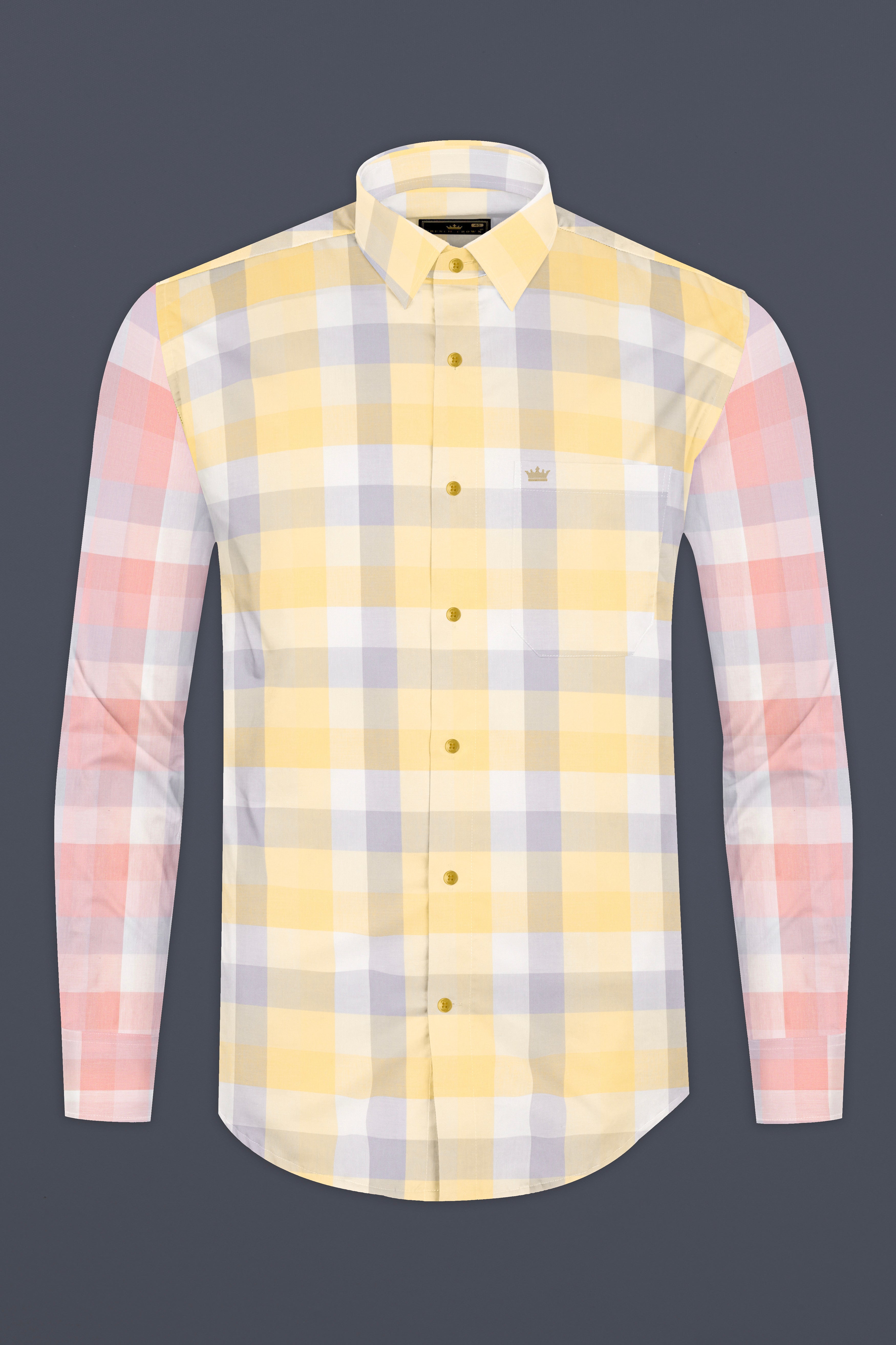 Tequila Yellow with Melon pink with Metallic Blue Plaid Poplin Giza Cotton Designer Shirt