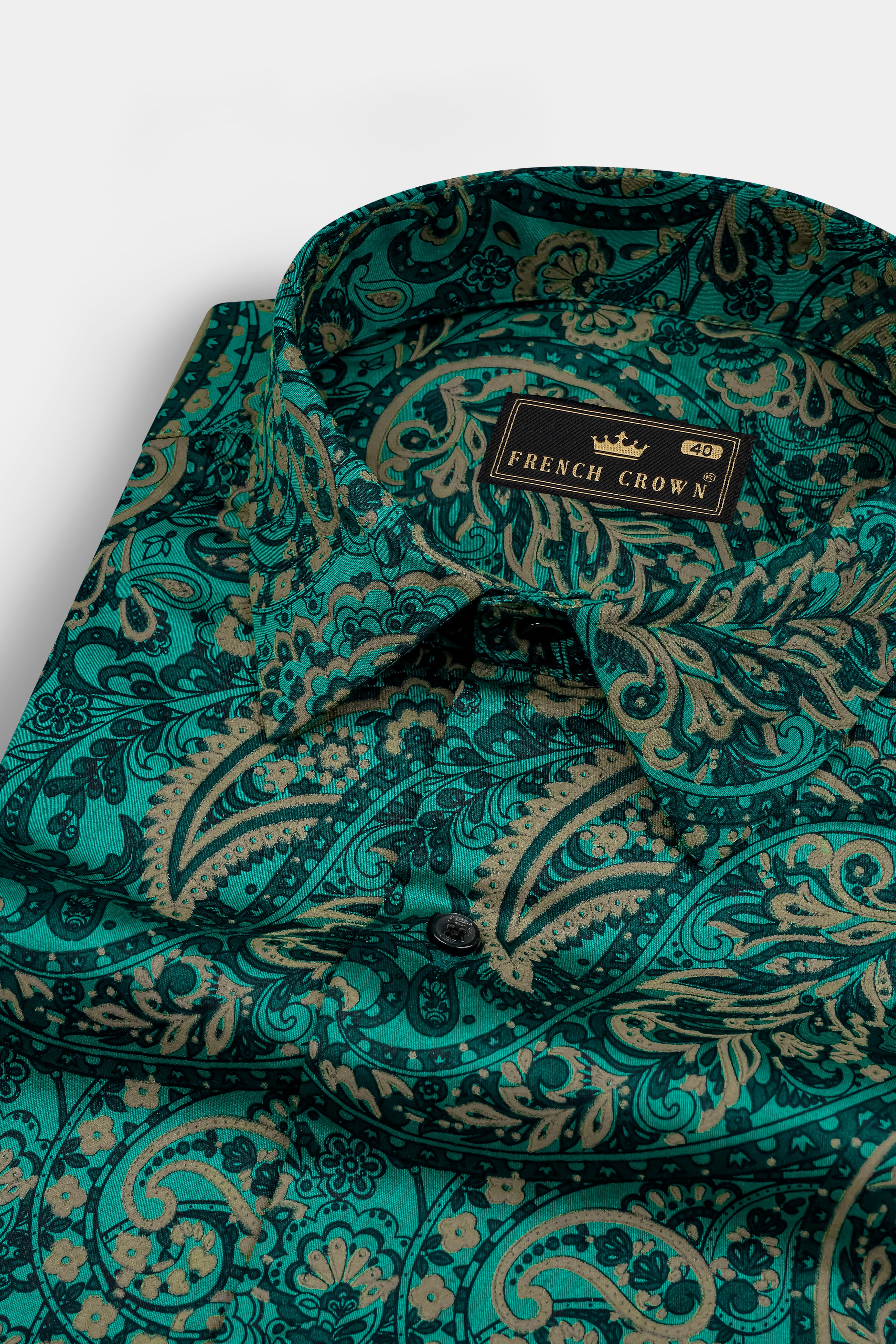 Teal Green with Deep Sea Green Ethnic Motifs Printed Super Soft Premium Cotton Shirt