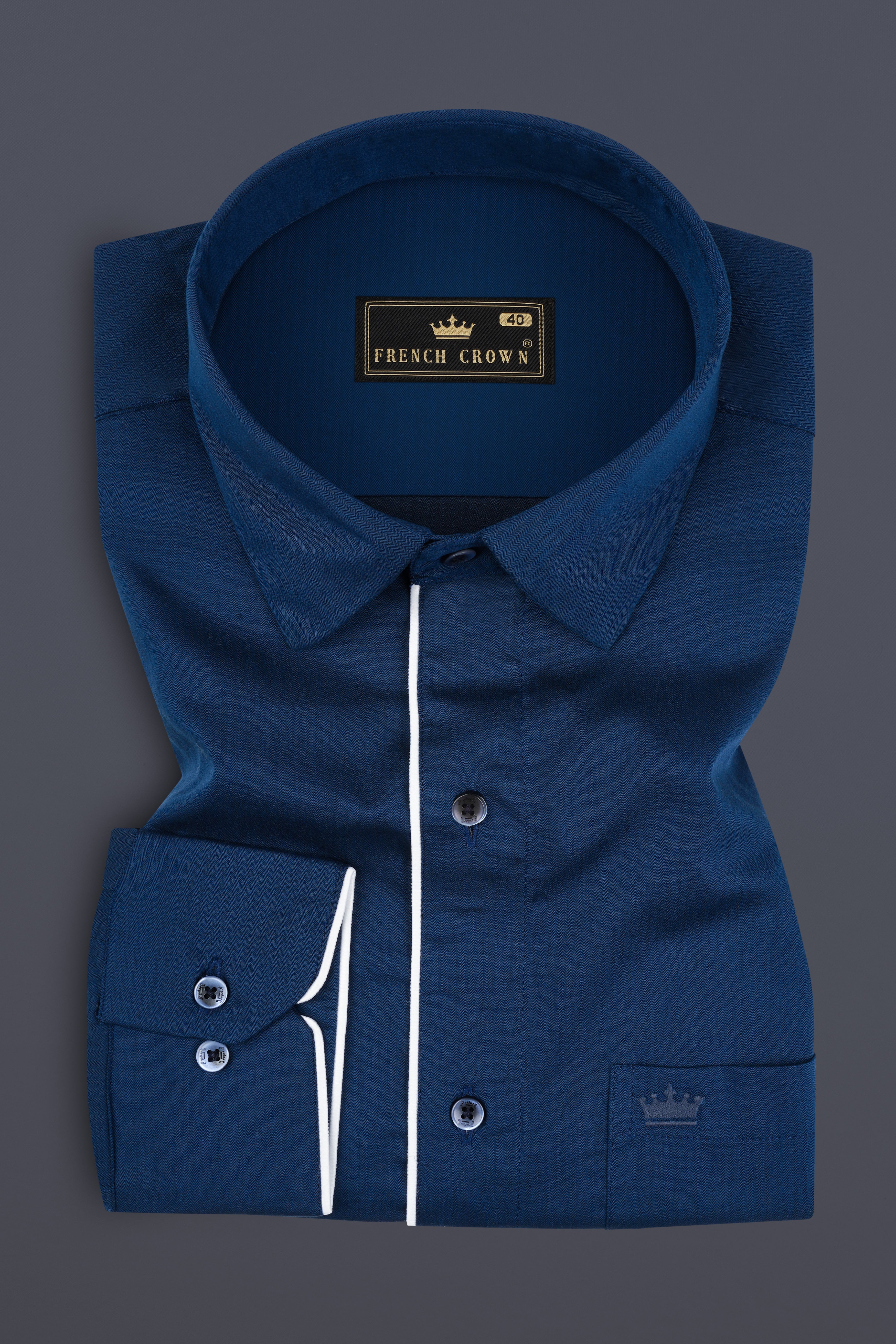 Midnight Blue Herringbone Textured Premium Cotton Designer Shirt