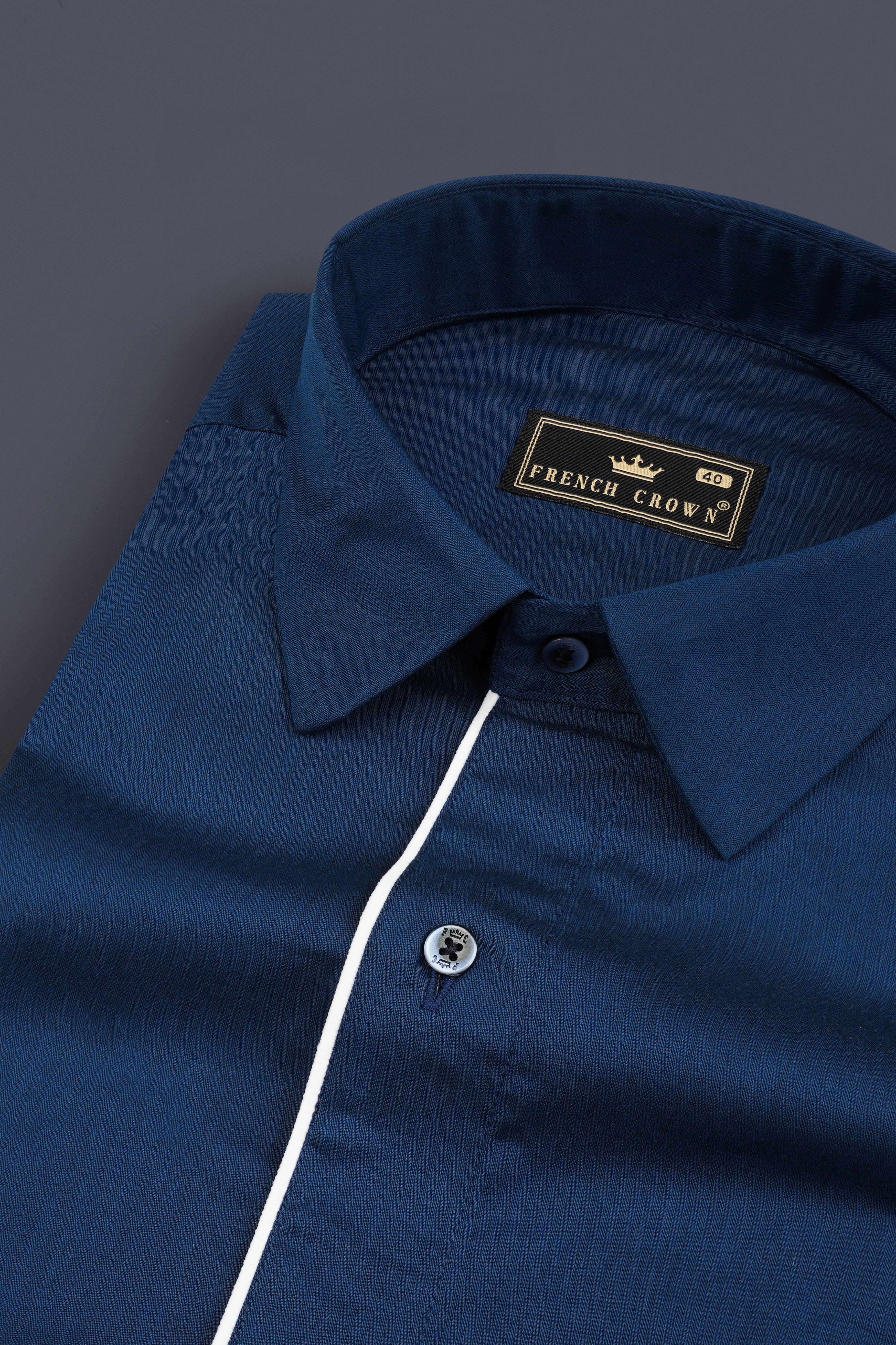 Midnight Blue Herringbone Textured Premium Cotton Designer Shirt