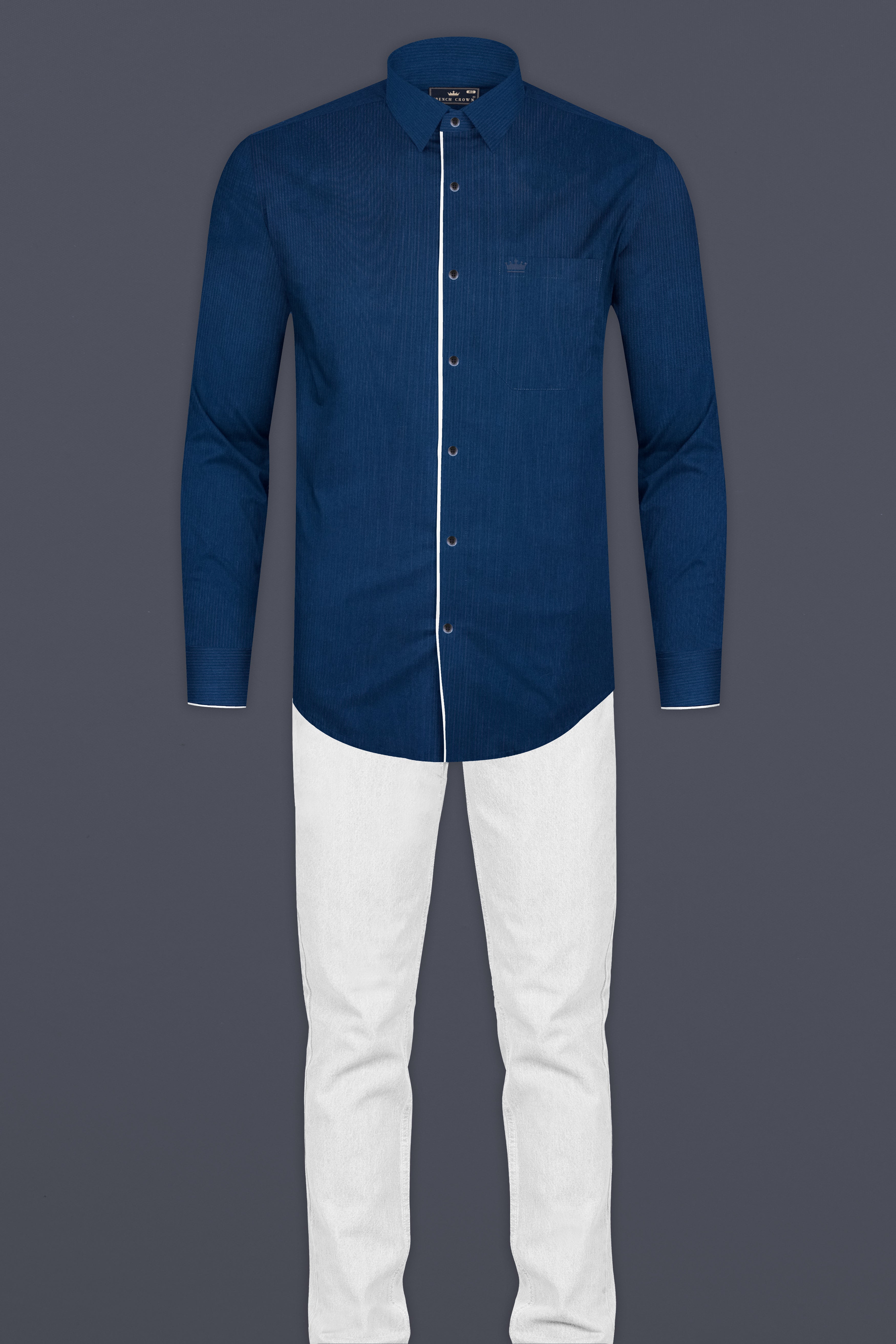 Midnight Blue Herringbone Textured Premium Cotton Designer Shirt