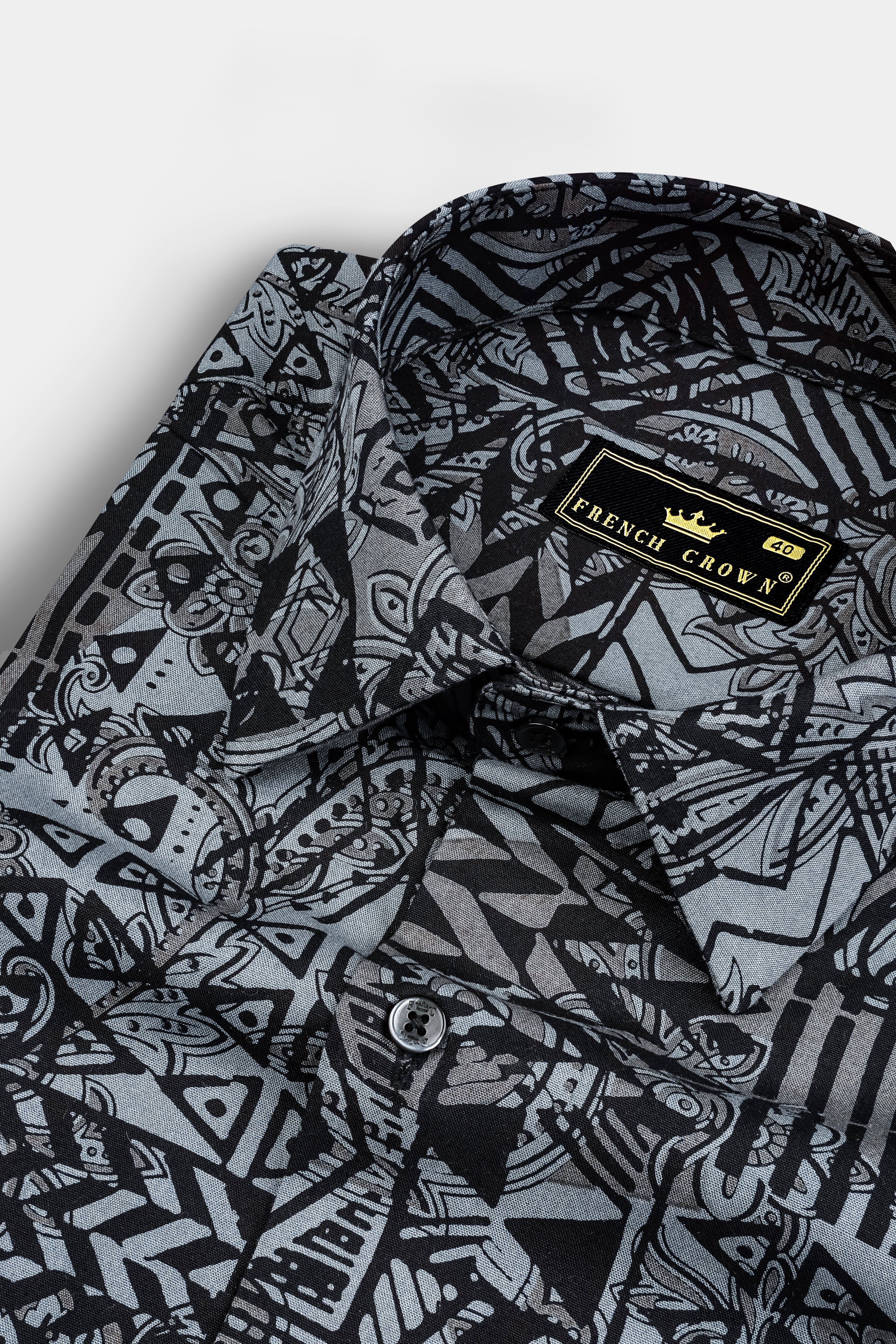 Jade Black with Mid Grey Abstract Printed Poplin Giza Cotton Shirt