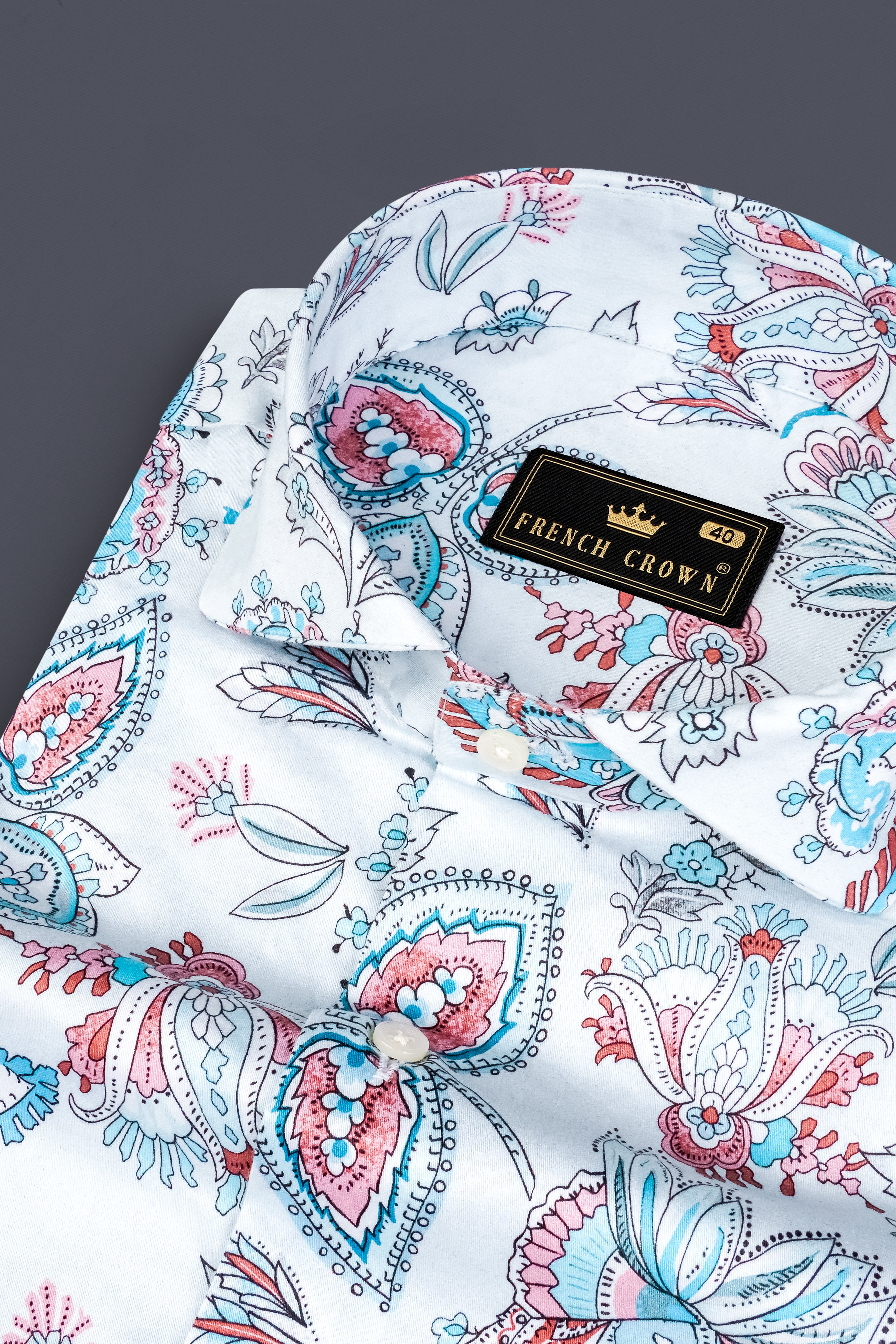 Bright White and Anakiwa Blue Leaves Printed Subtle Sheen Super Soft Premium Cotton Shirt