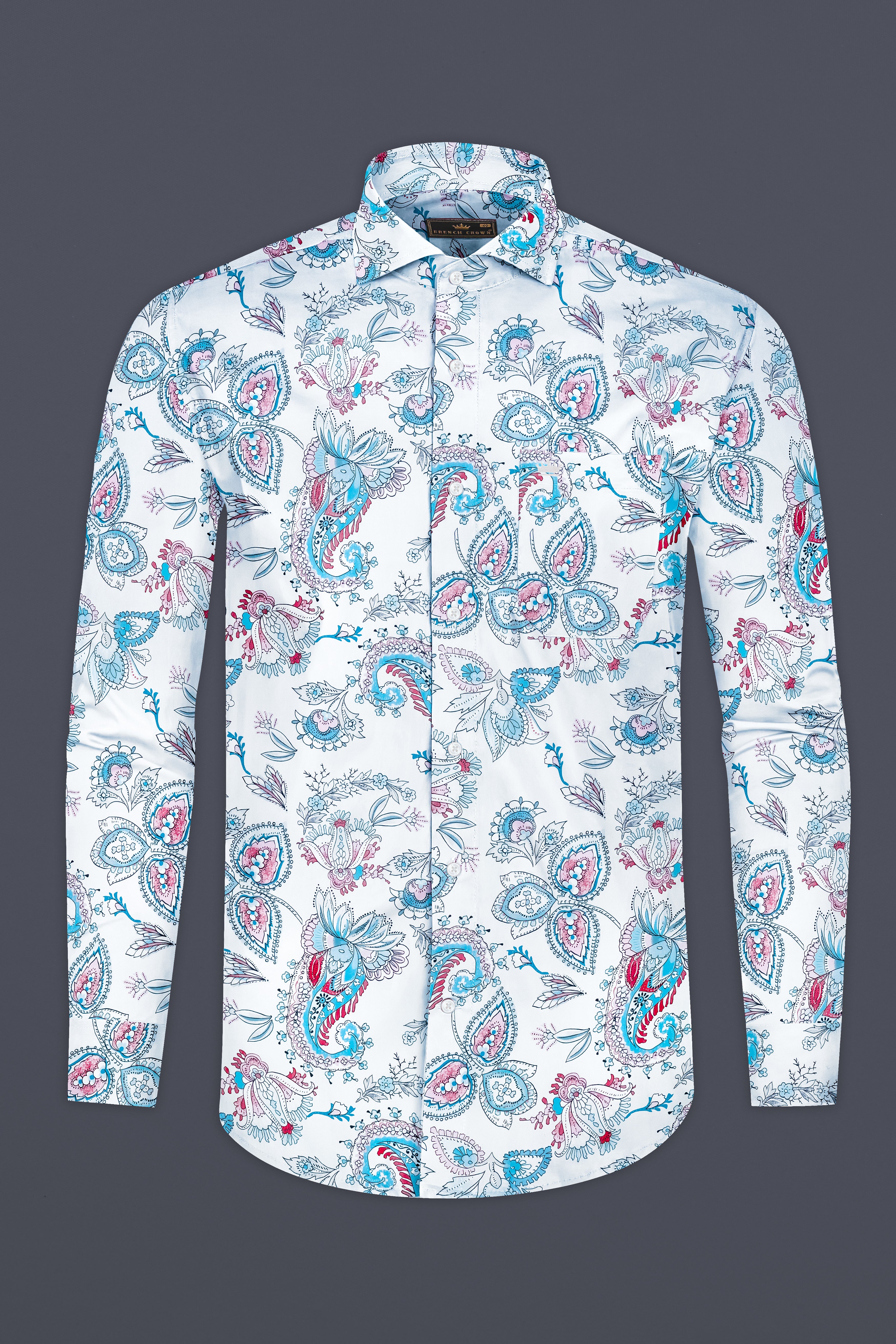 Bright White and Anakiwa Blue Leaves Printed Subtle Sheen Super Soft Premium Cotton Shirt