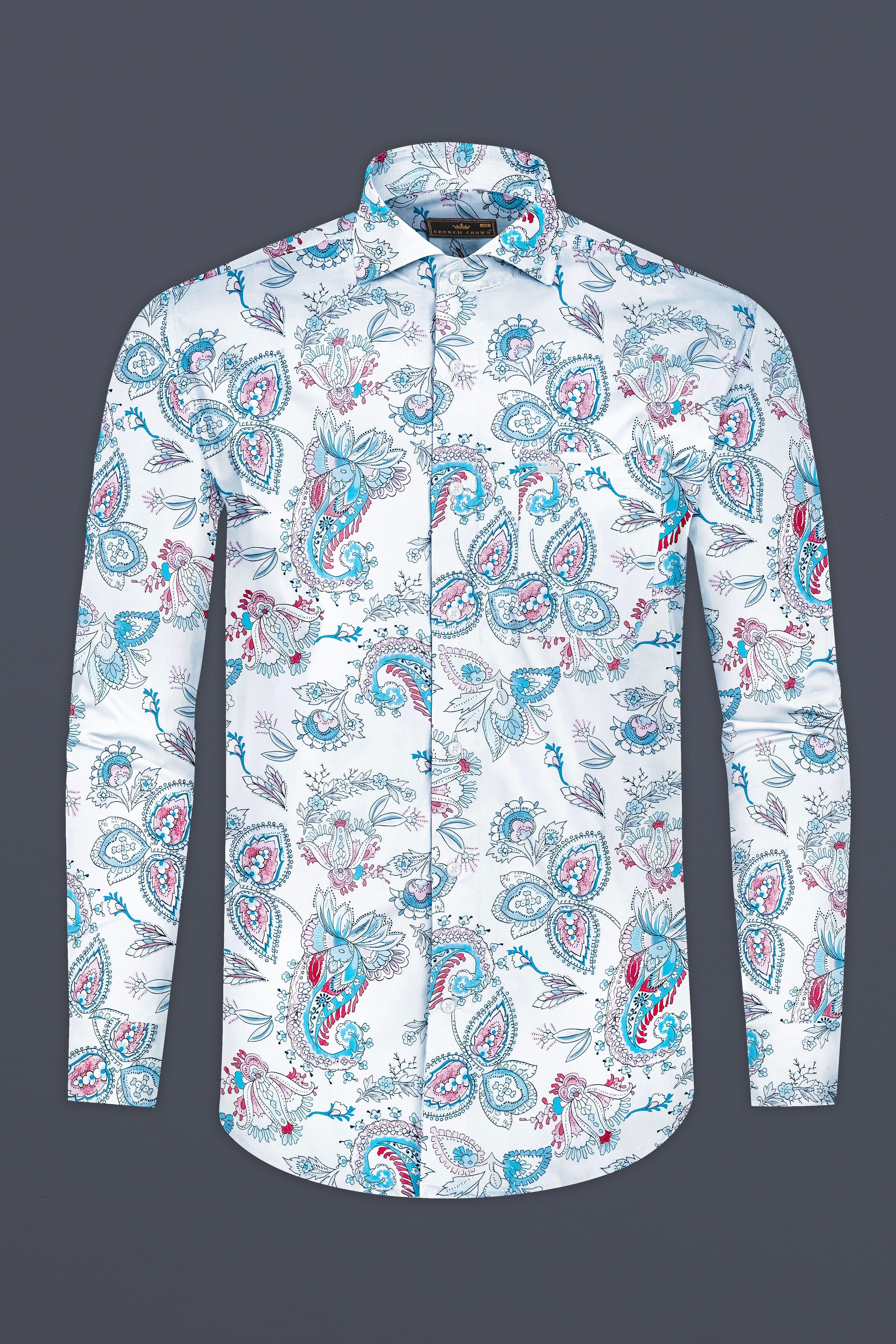 Bright White and Anakiwa Blue Leaves Printed Subtle Sheen Super Soft Premium Cotton Shirt 12898-CA-38, 12898-CA-H-38, 12898-CA-39, 12898-CA-H-39, 12898-CA-40, 12898-CA-H-40, 12898-CA-42, 12898-CA-H-42, 12898-CA-44, 12898-CA-H-44, 12898-CA-46, 12898-CA-H-46, 12898-CA-48, 12898-CA-H-48, 12898-CA-50, 12898-CA-H-50, 12898-CA-52, 12898-CA-H-52