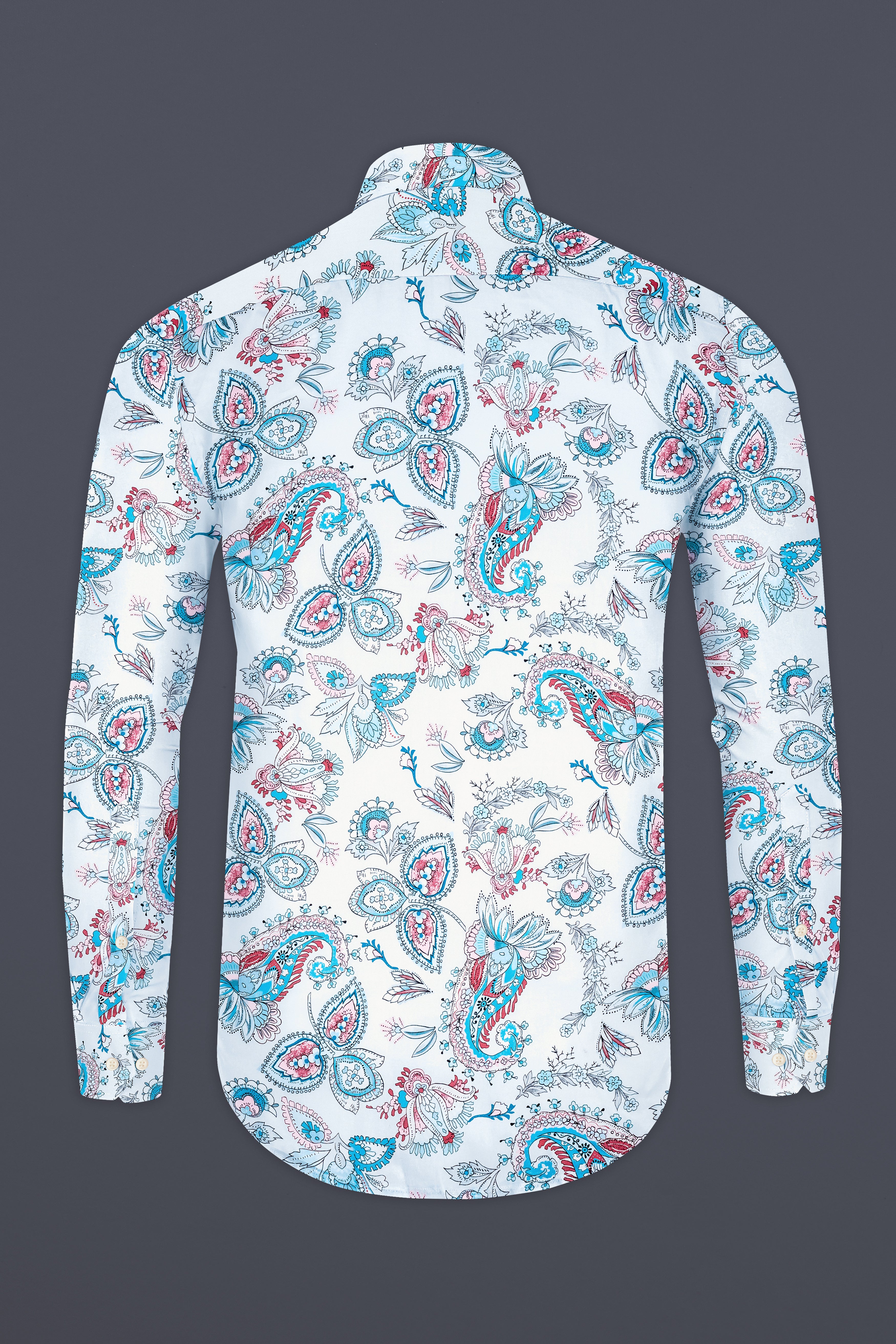 Bright White and Anakiwa Blue Leaves Printed Subtle Sheen Super Soft Premium Cotton Shirt