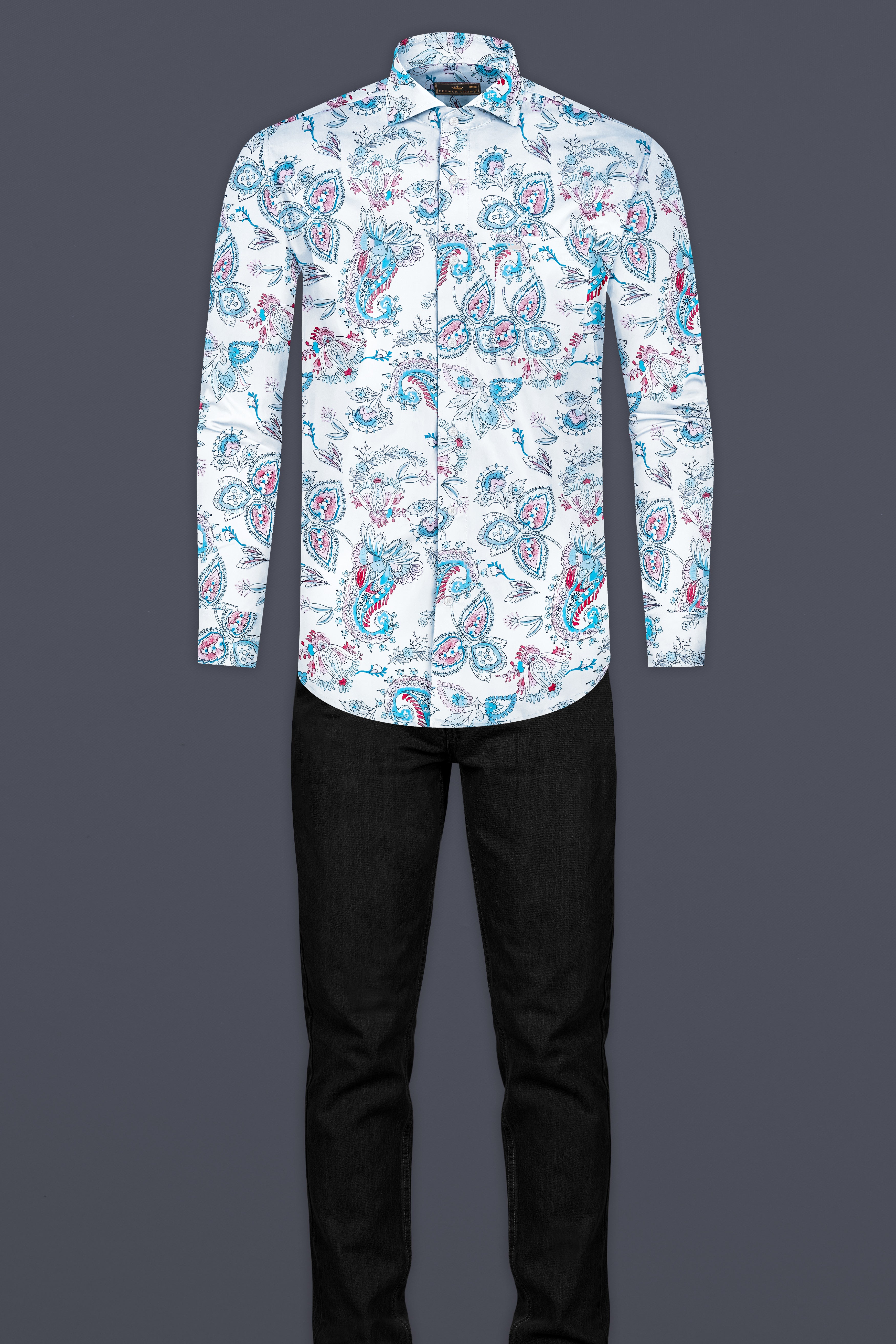 Bright White and Anakiwa Blue Leaves Printed Subtle Sheen Super Soft Premium Cotton Shirt