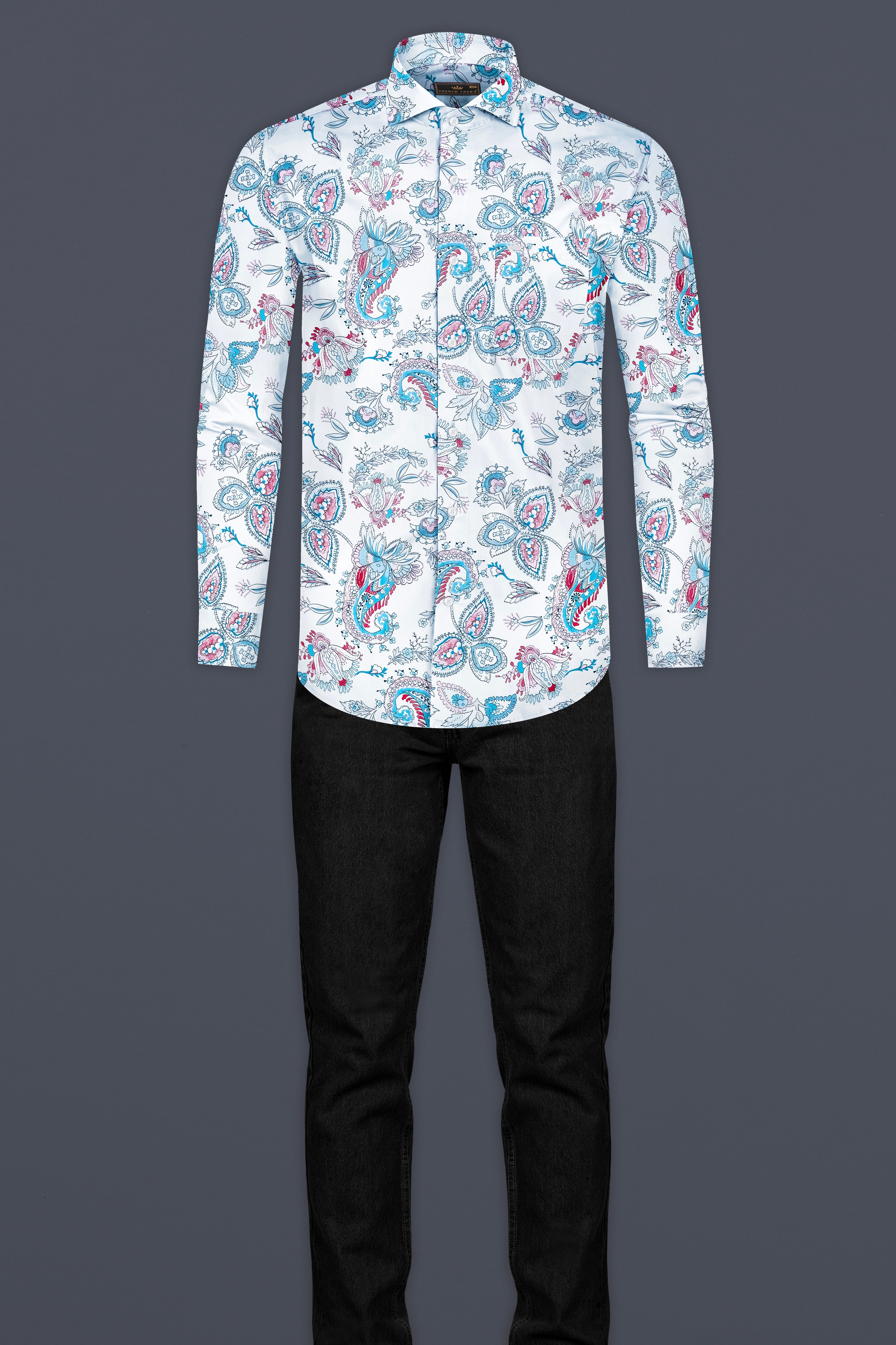 Bright White and Anakiwa Blue Leaves Printed Subtle Sheen Super Soft Premium Cotton Shirt 12898-CA-38, 12898-CA-H-38, 12898-CA-39, 12898-CA-H-39, 12898-CA-40, 12898-CA-H-40, 12898-CA-42, 12898-CA-H-42, 12898-CA-44, 12898-CA-H-44, 12898-CA-46, 12898-CA-H-46, 12898-CA-48, 12898-CA-H-48, 12898-CA-50, 12898-CA-H-50, 12898-CA-52, 12898-CA-H-52