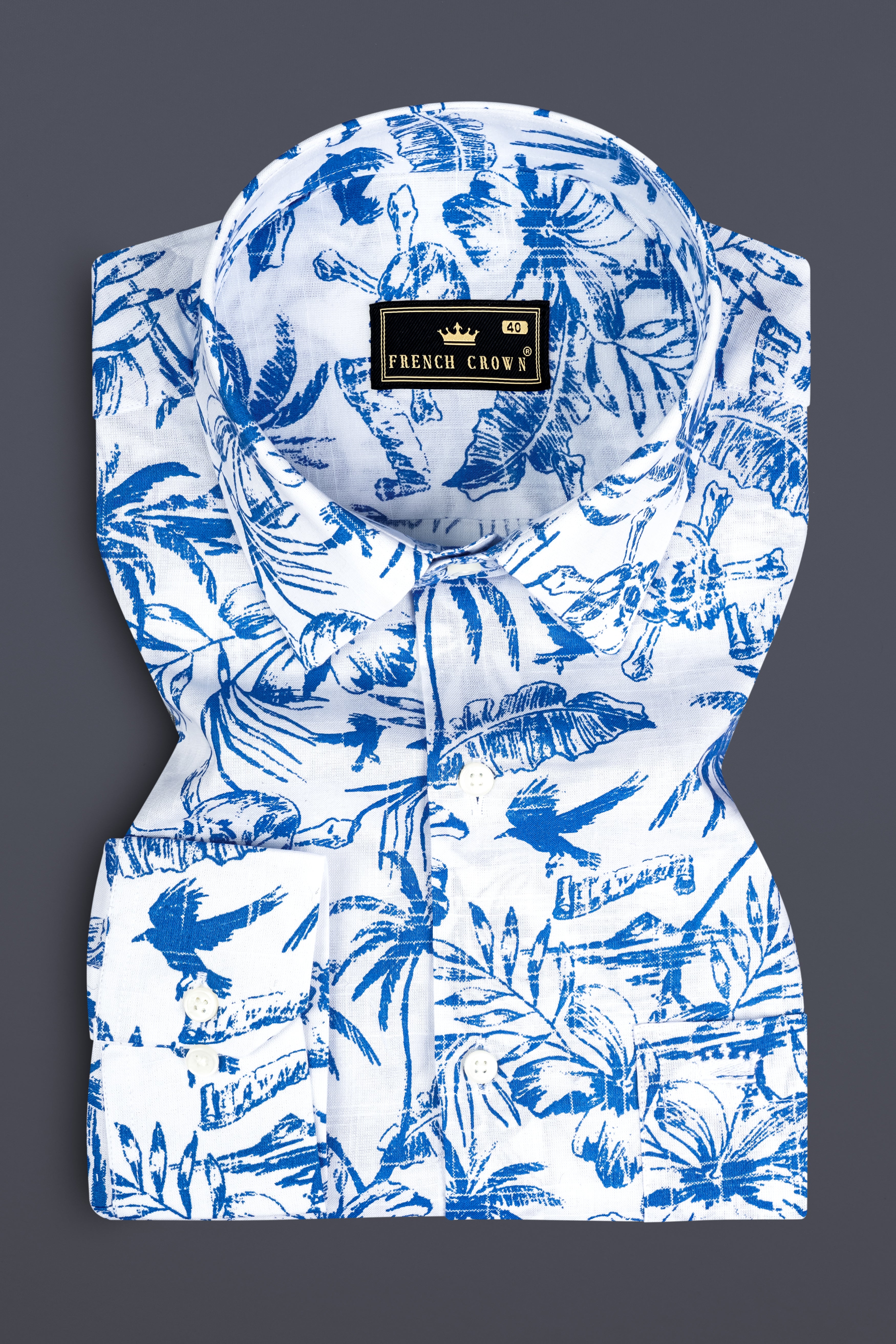 Cobalt Blue And Bright White Coconut Tree Printed Luxuries Linen Shirt 12900-38, 12900-H-38, 12900-39, 12900-H-39, 12900-40, 12900-H-40, 12900-42, 12900-H-42, 12900-44, 12900-H-44, 12900-46, 12900-H-46, 12900-48, 12900-H-48, 12900-50, 12900-H-50, 12900-52, 12900-H-52