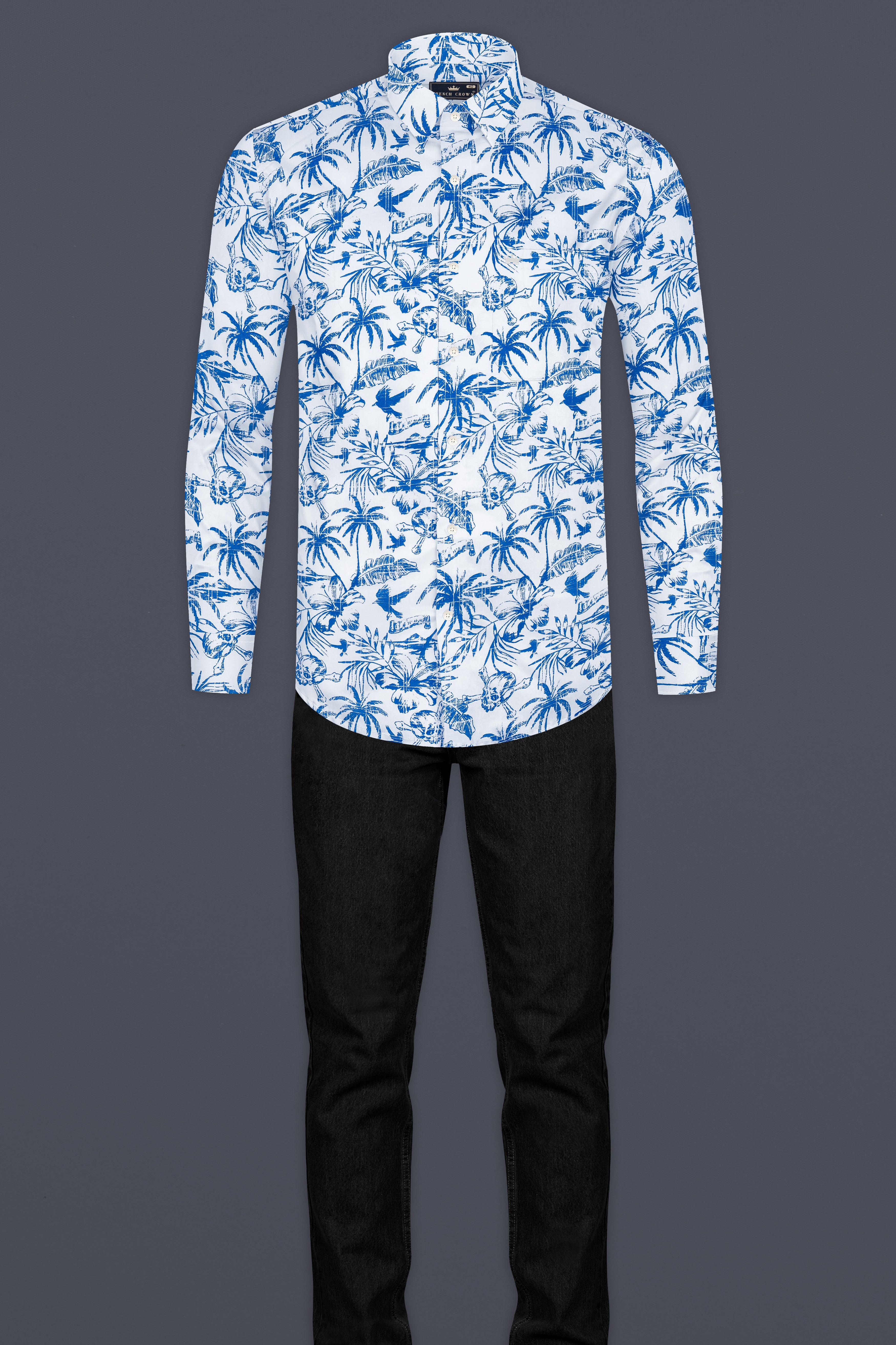 Cobalt Blue And Bright White Coconut Tree Printed Luxuries Linen Shirt