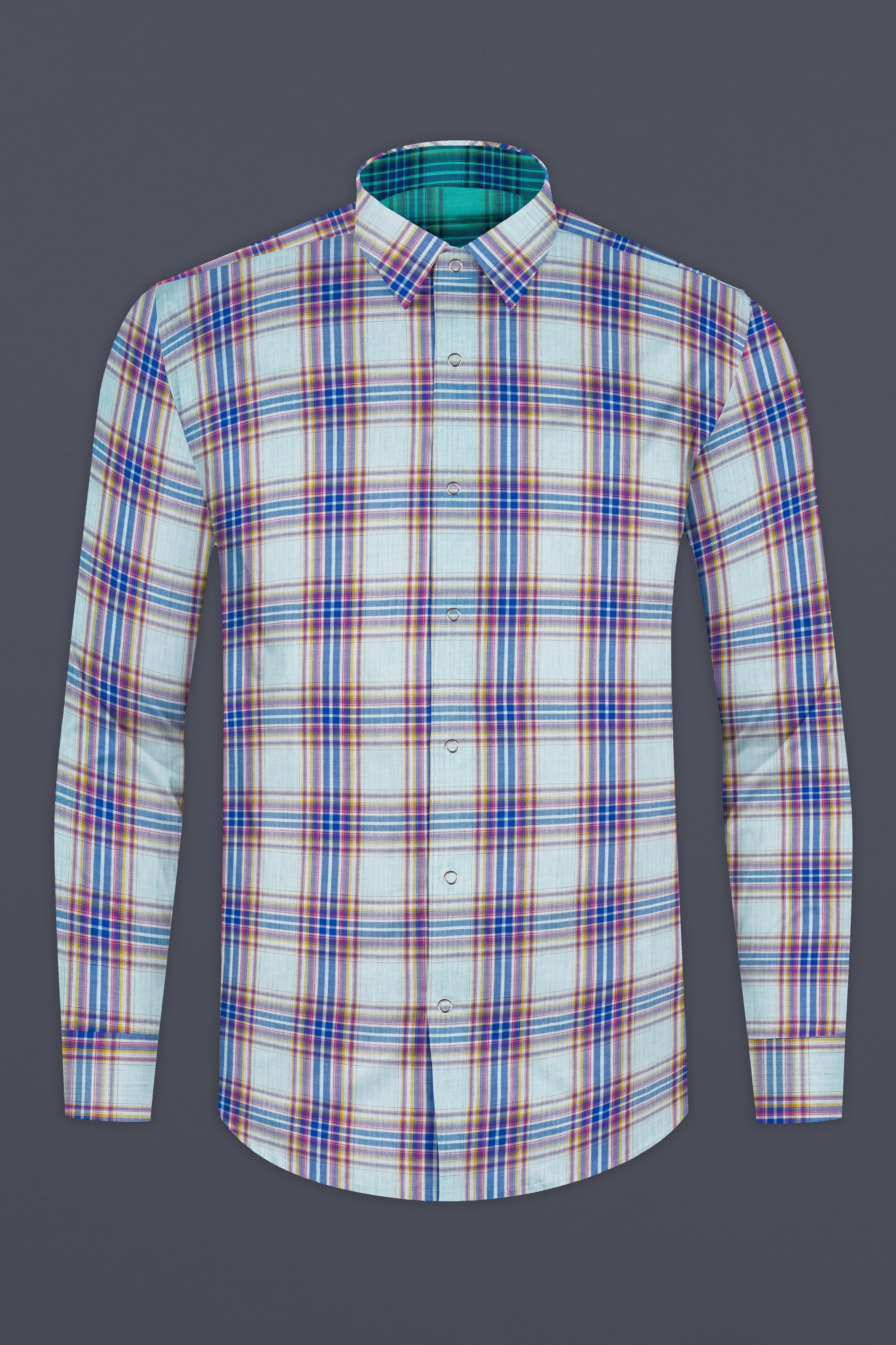 Geyser Gray Plaid And Ocean Green Plaid Herringbone Reversible Shirt