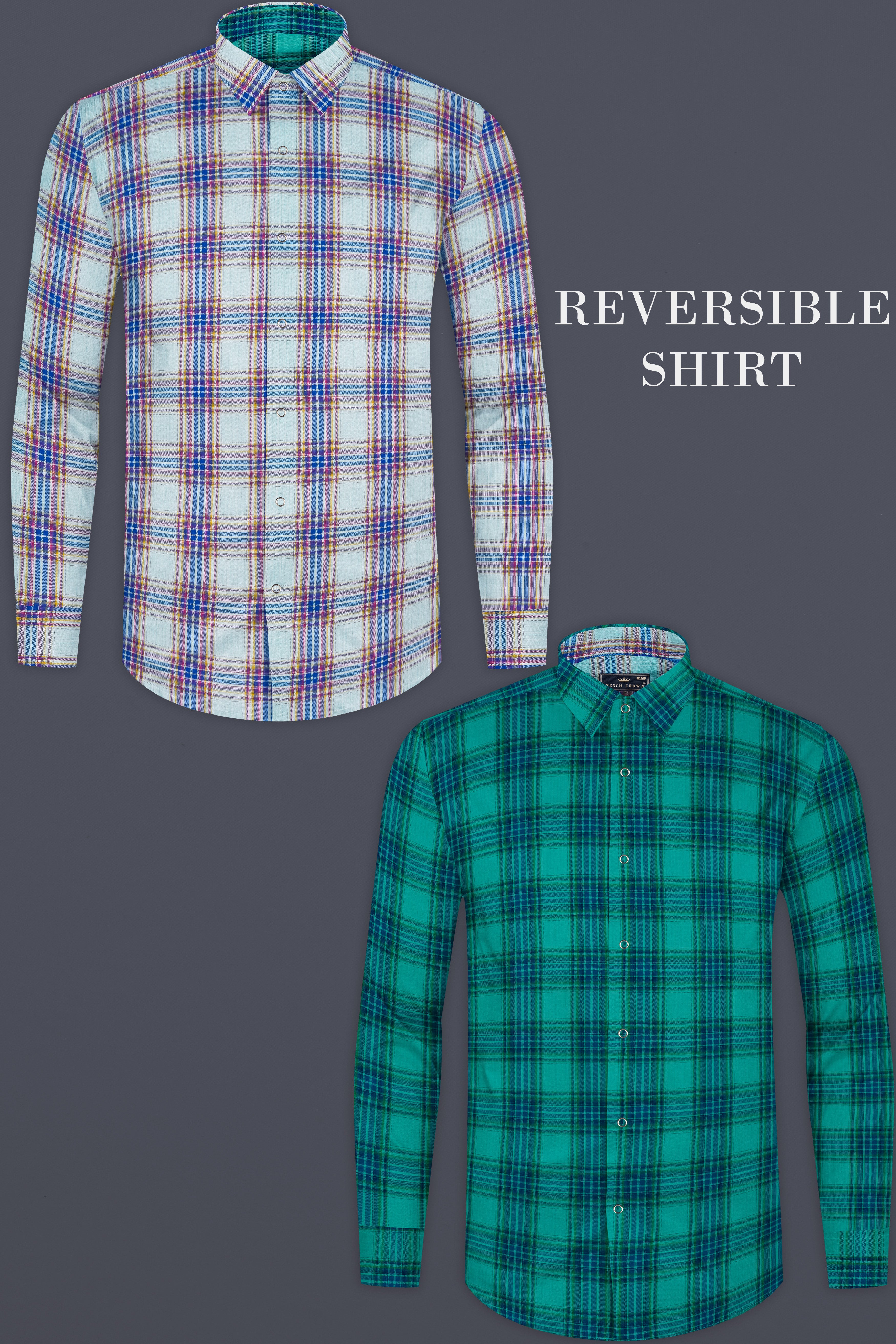 Geyser Gray Plaid And Ocean Green Plaid Herringbone Reversible Shirt