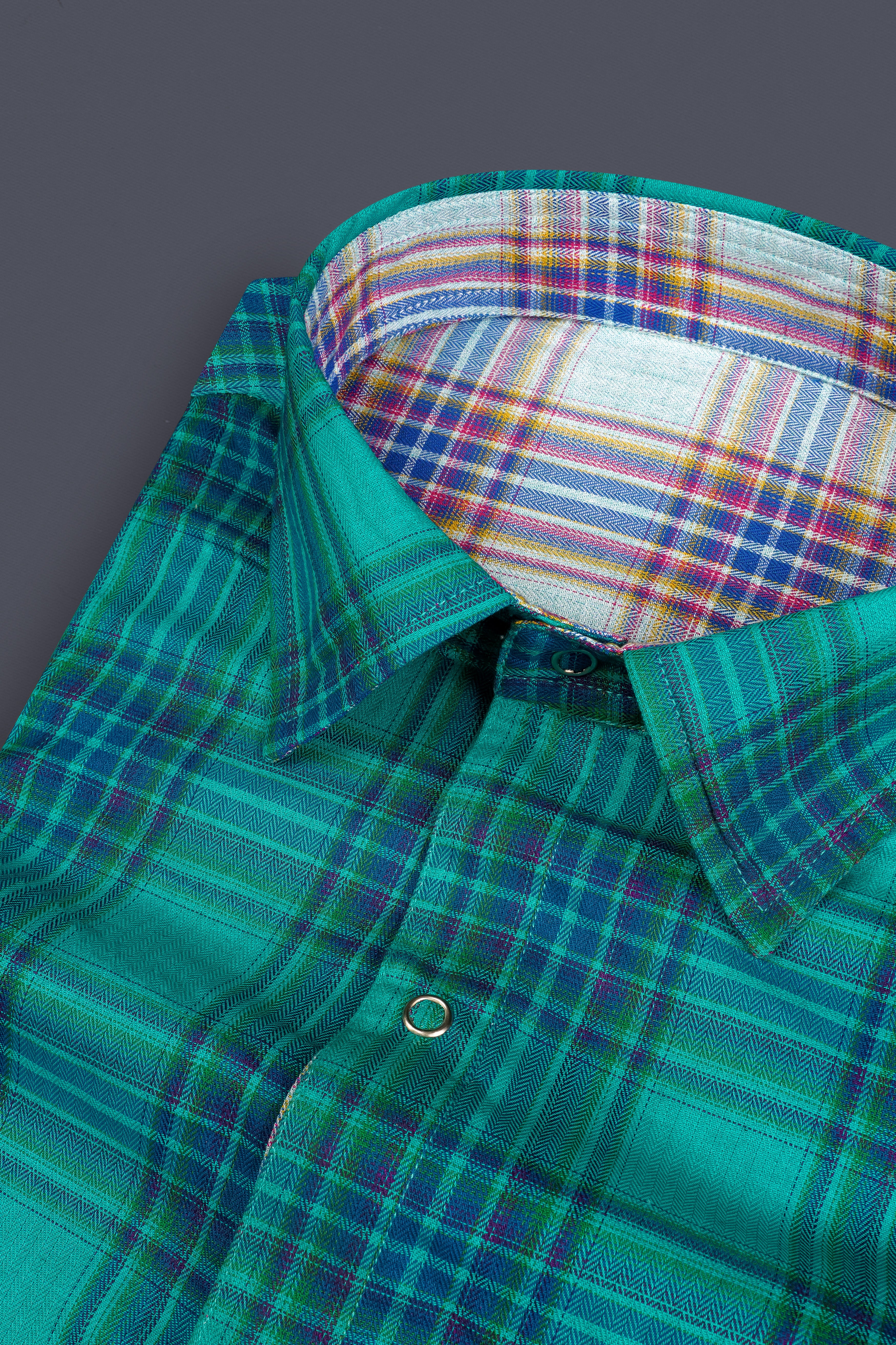 Geyser Gray Plaid And Ocean Green Plaid Herringbone Reversible Shirt