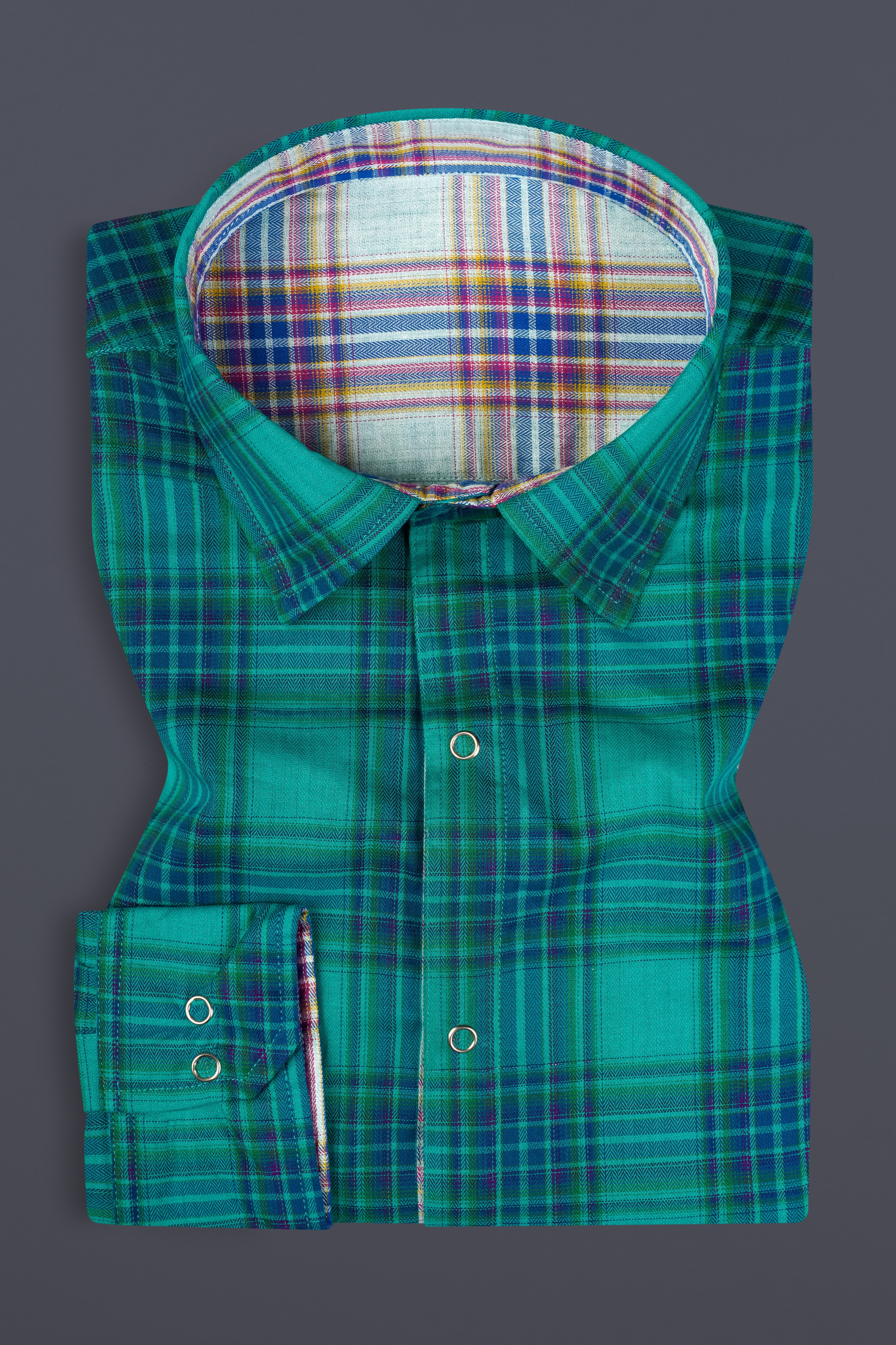 Geyser Gray Plaid And Ocean Green Plaid Herringbone Reversible Shirt