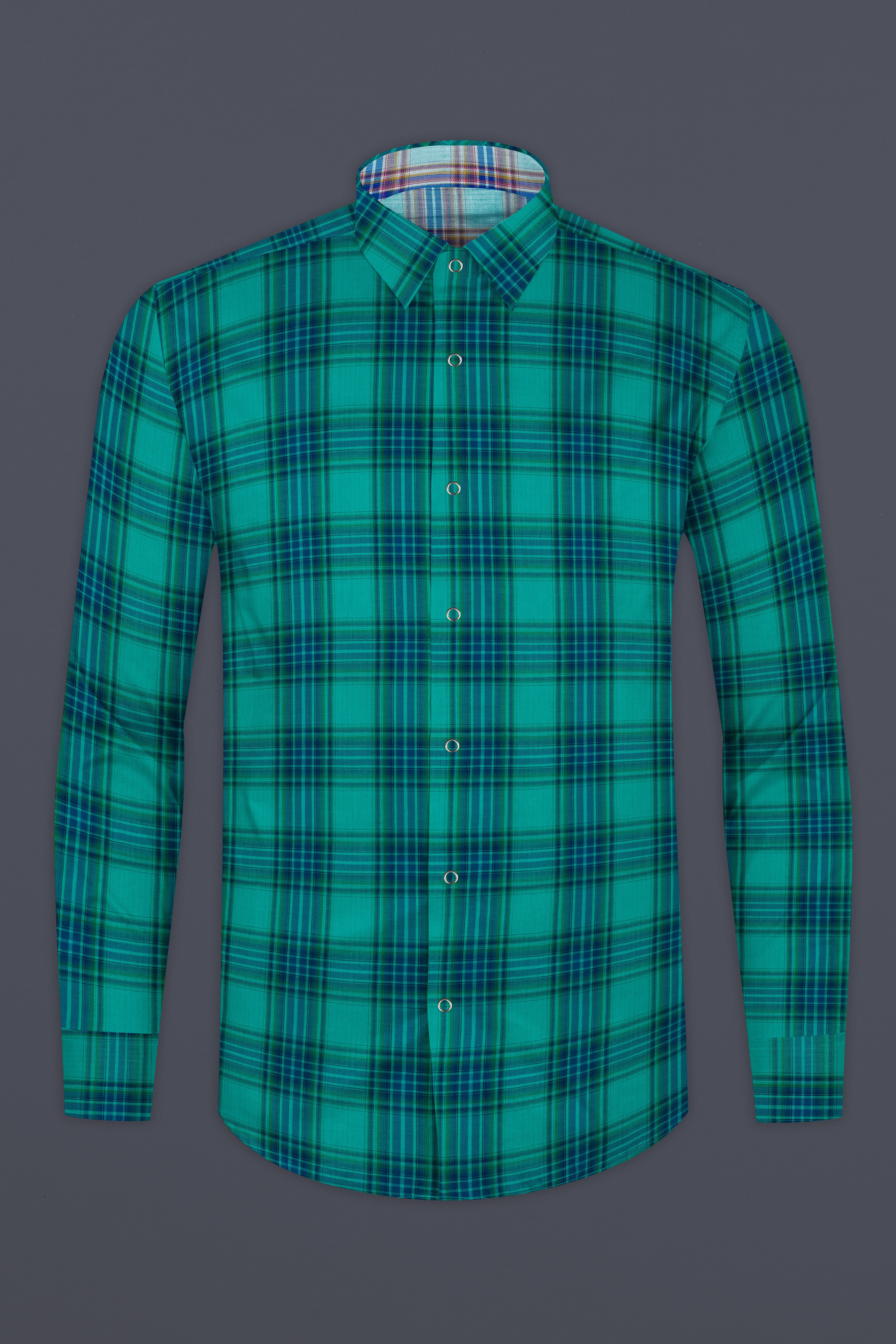 Geyser Gray Plaid And Ocean Green Plaid Herringbone Reversible Shirt