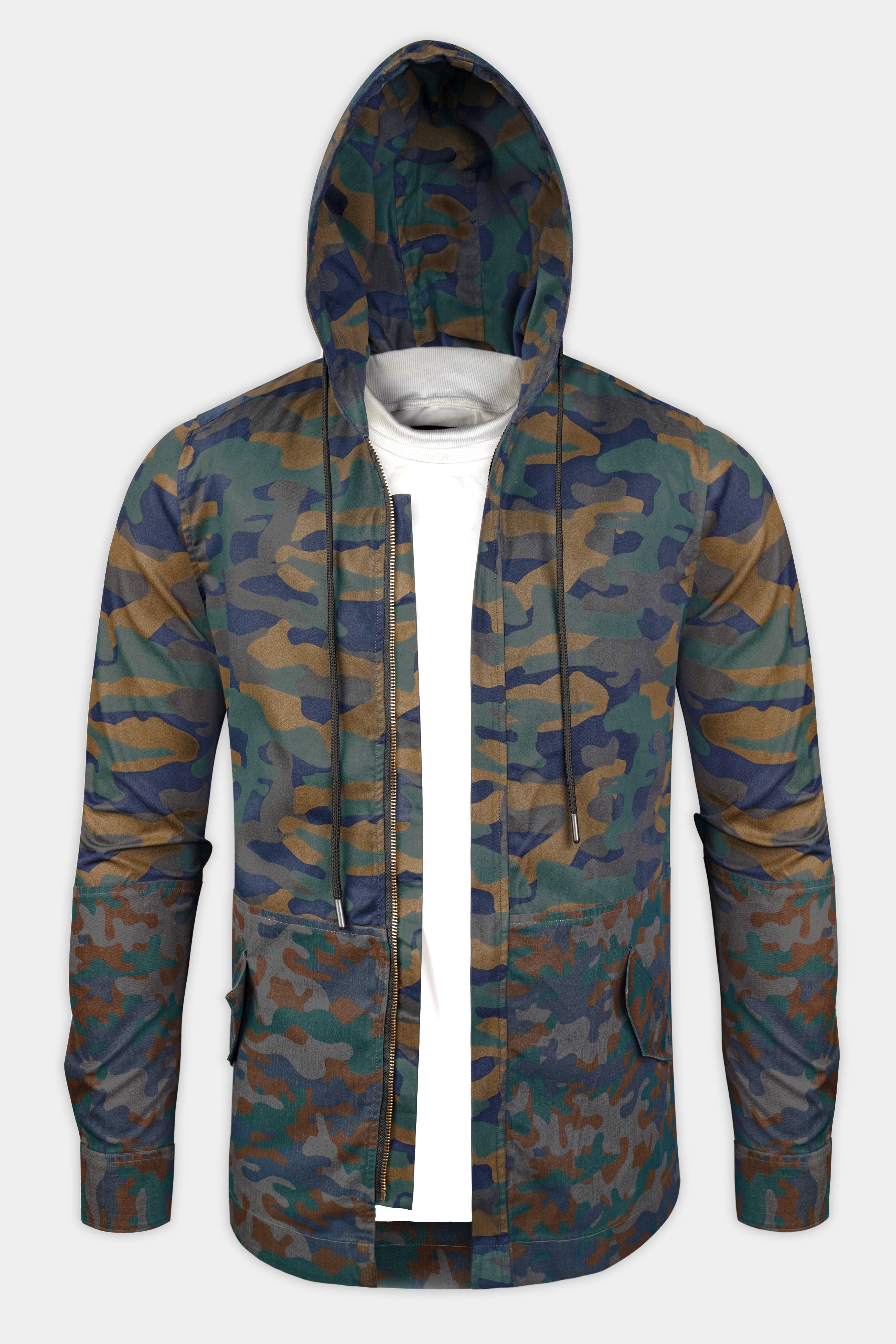 Roman Brown And River Blue Camouflage Military printed Heavyweight Designer Hoodie with Zipper Closure