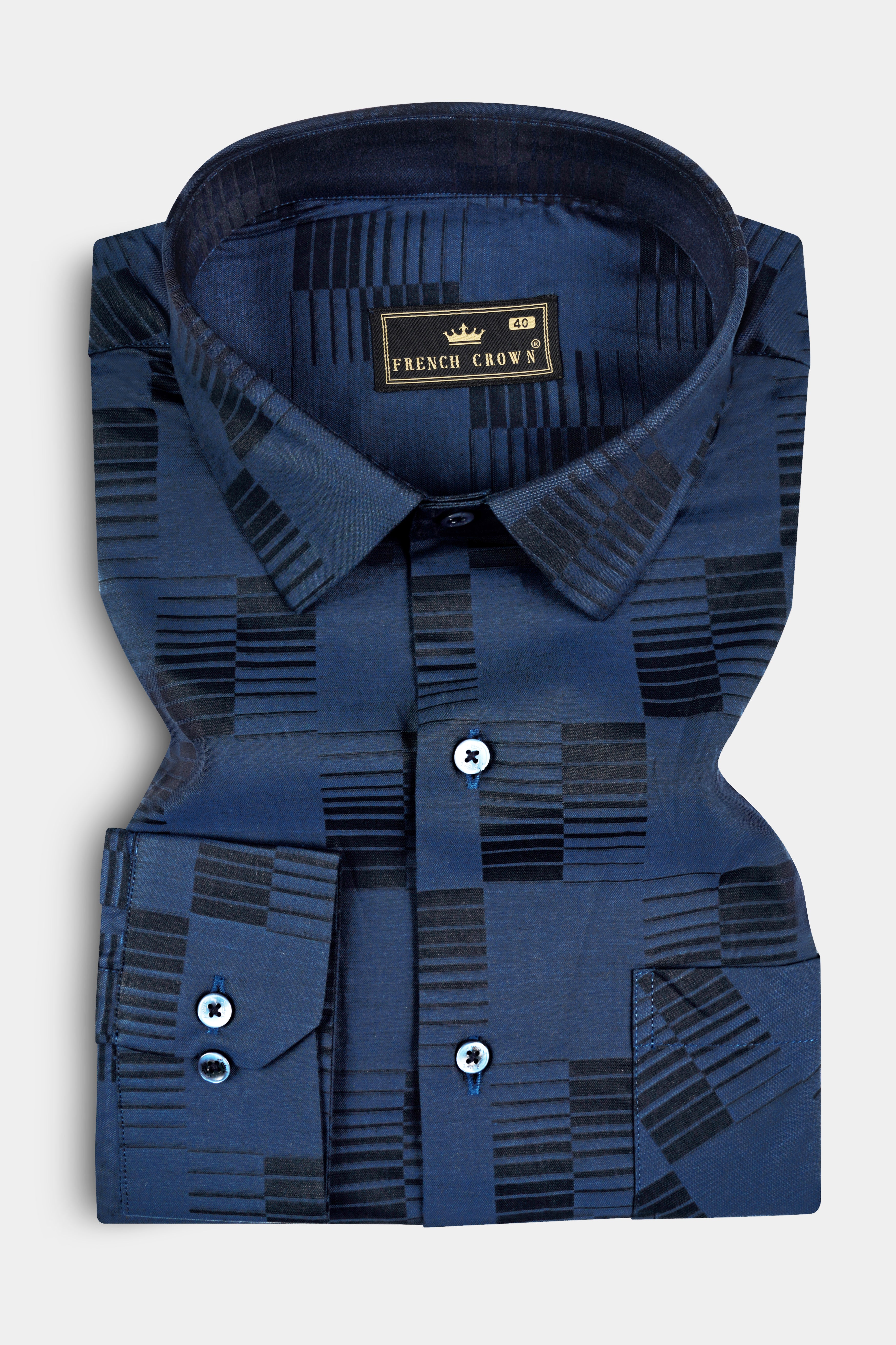 Fiord Blue Jacquard Textured Printed Premium Cotton Shirt