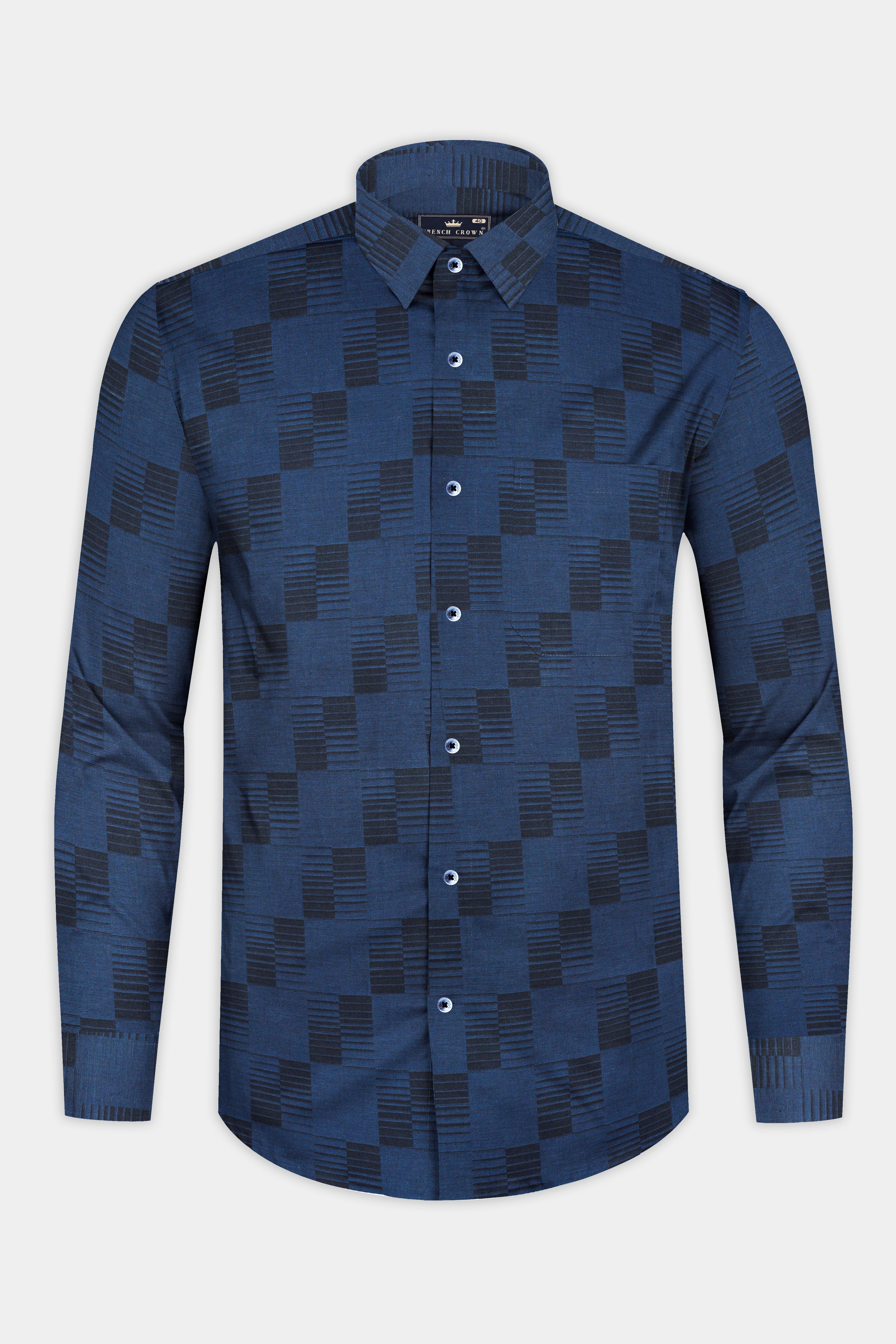 Fiord Blue Jacquard Textured Printed Premium Cotton Shirt