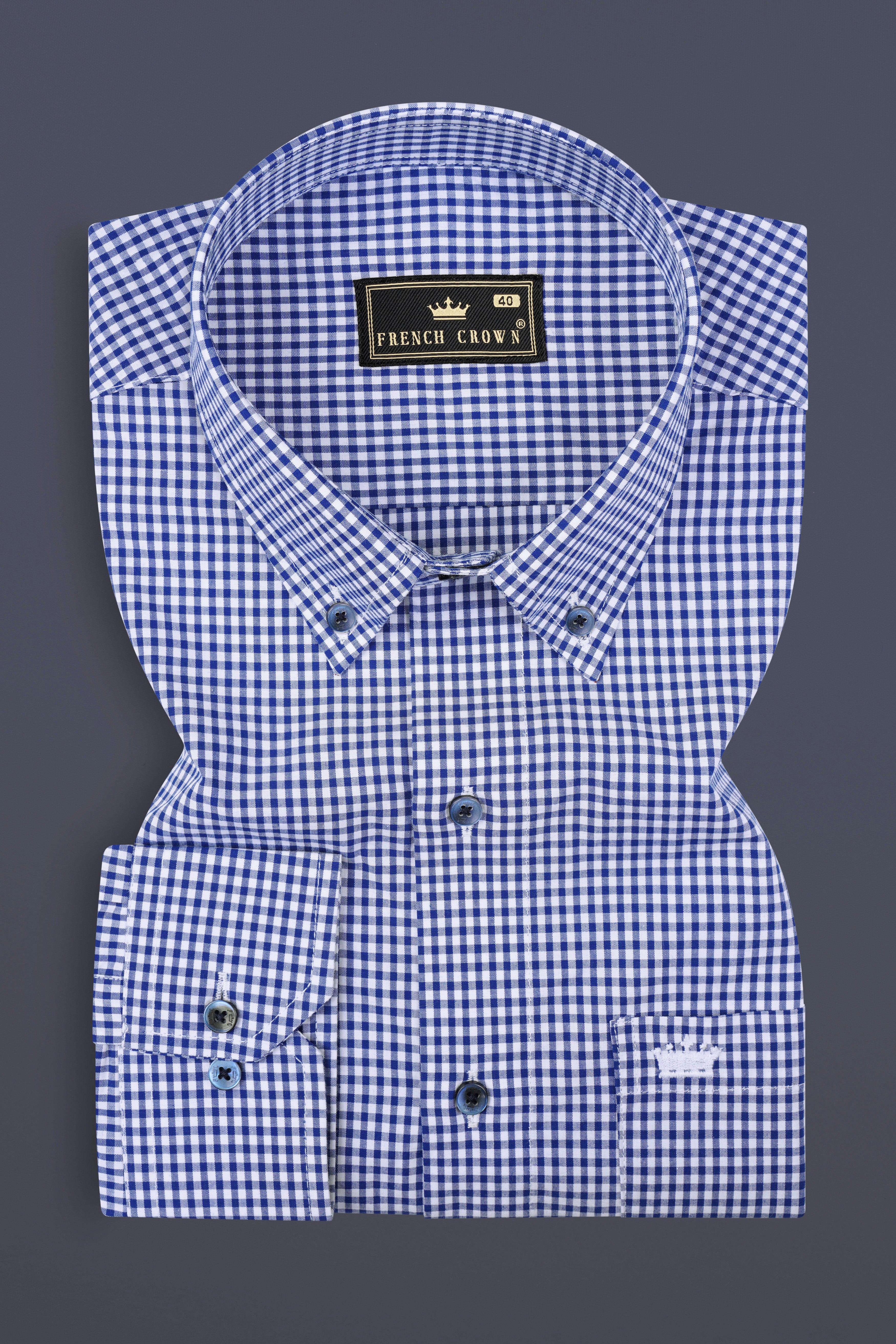 Violent Blue And Bright White Micro Checkered Giza Cotton Shirt