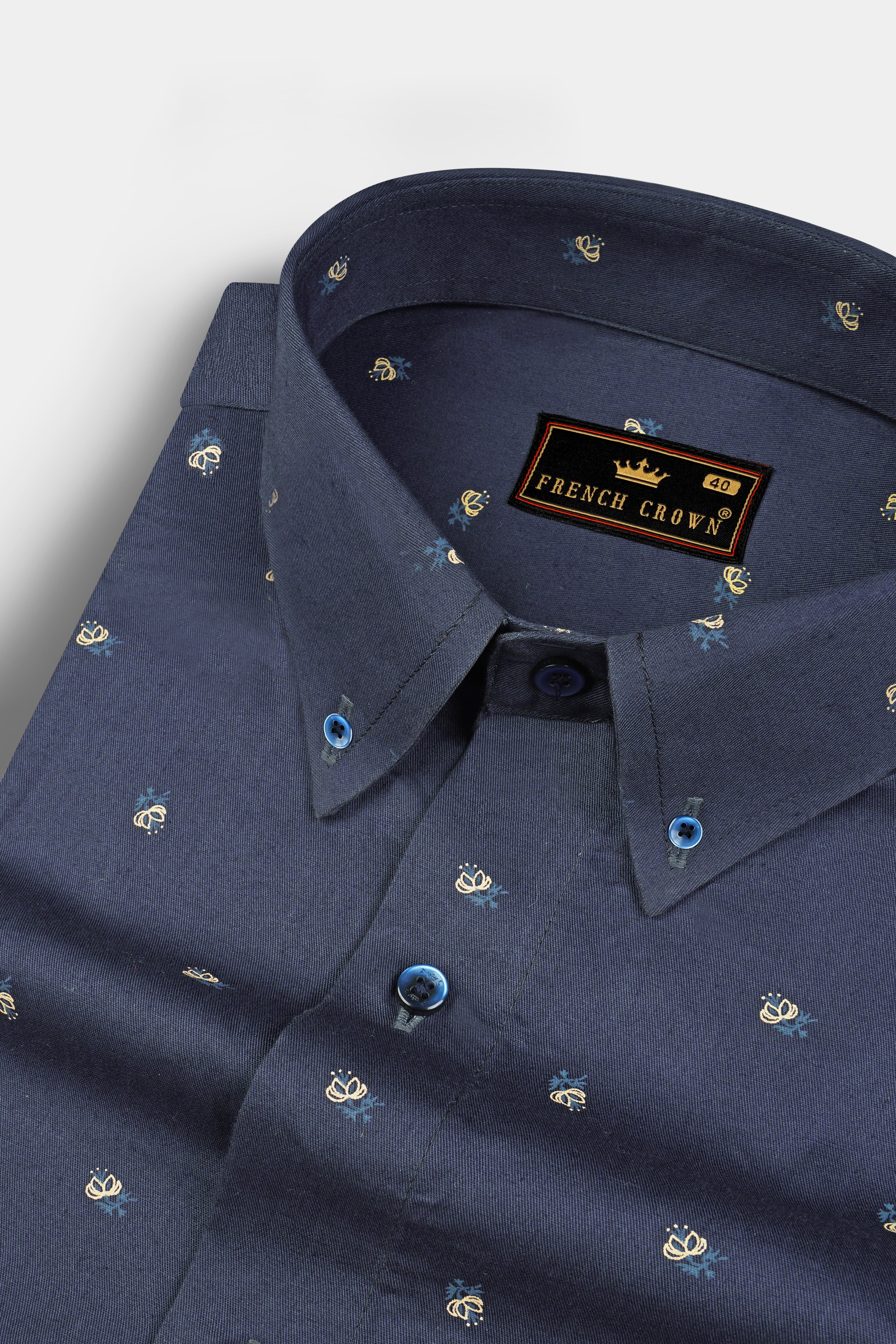 Fiord Blue Twill Printed Cotton Shirt