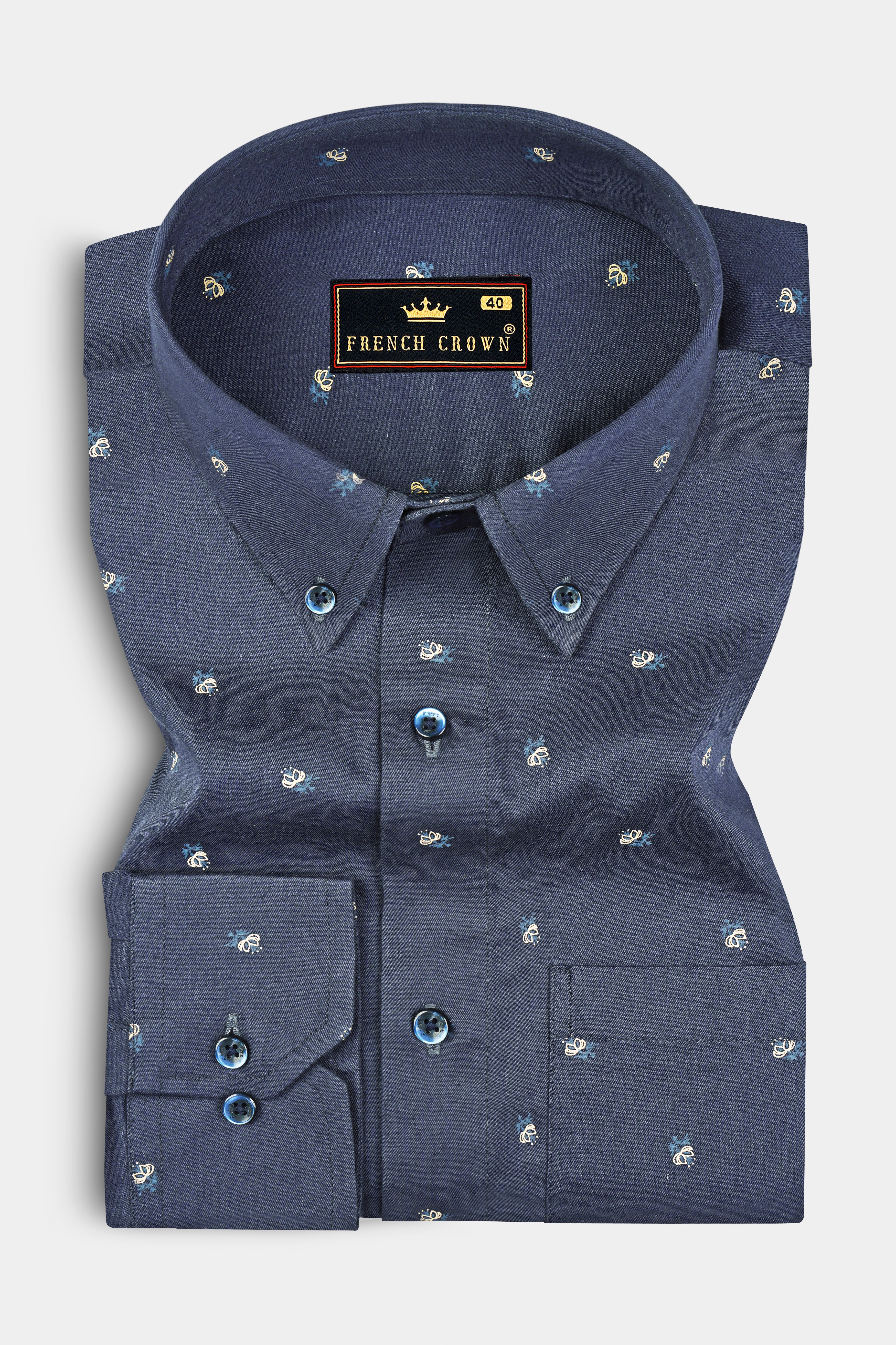 Fiord Blue Twill Printed Cotton Shirt